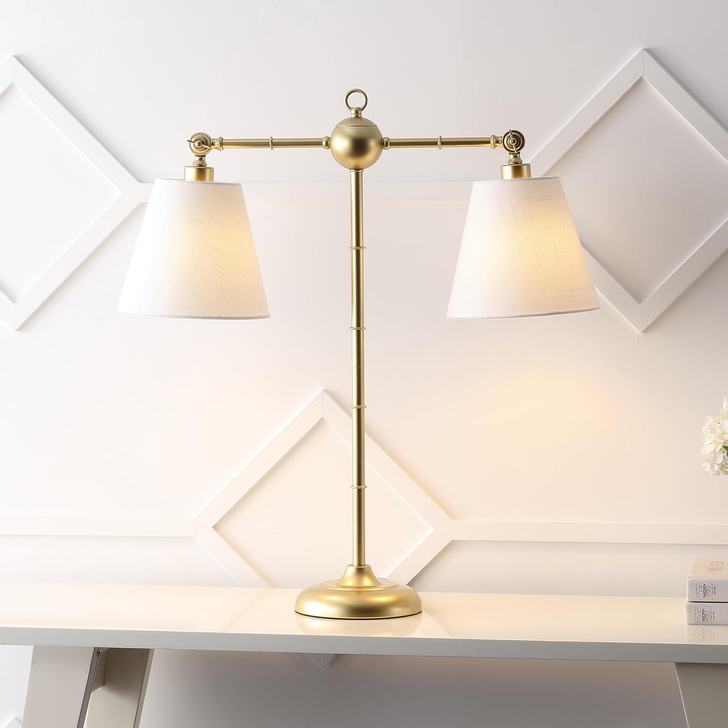 JONATHAN Y 31" Gold 2-Light Contemporary Farmhouse Adjustable Iron Library LED Table Lamp, White Linen Shades for Living Room Office Sideboard, LED Bulbs Included JYL3074A