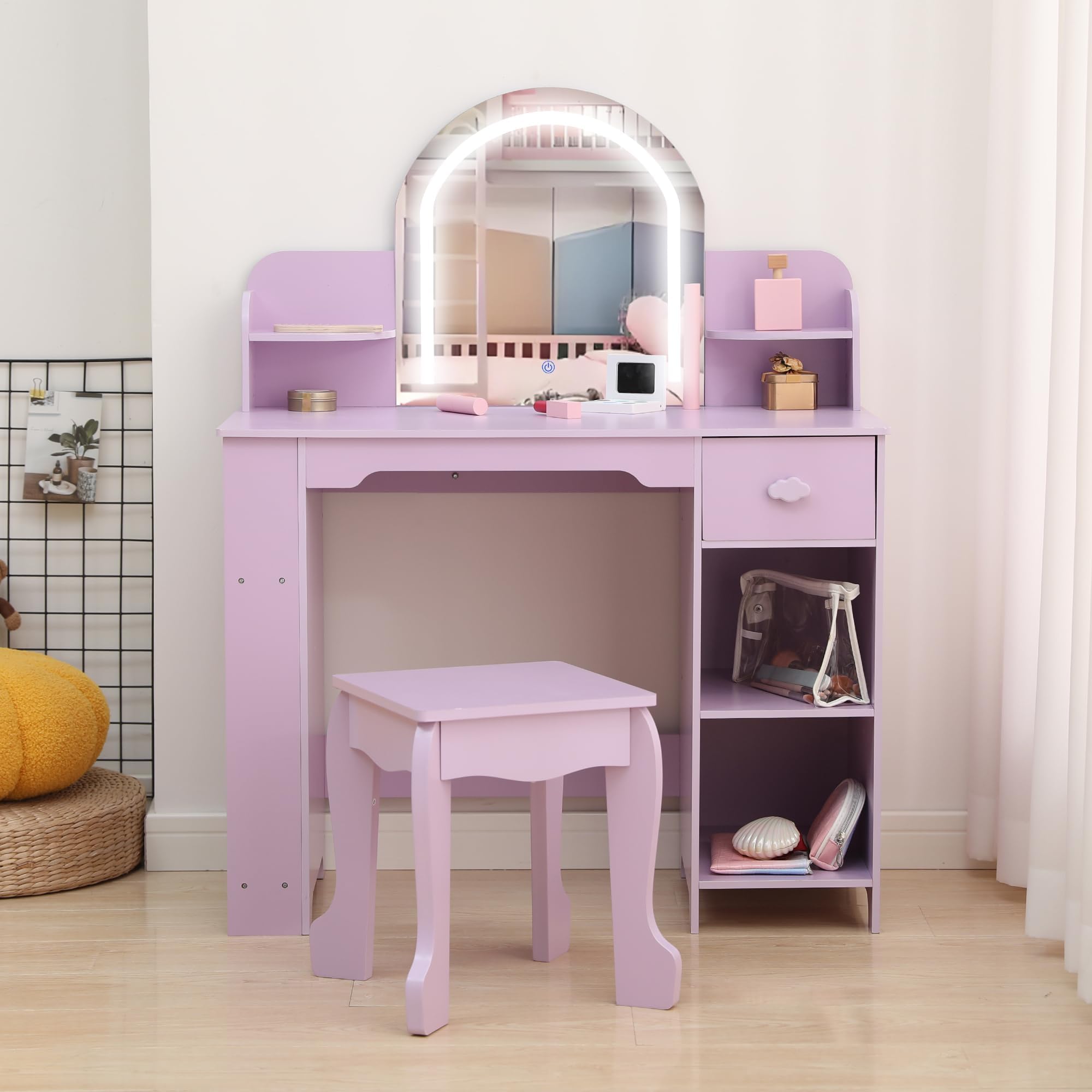 Coiffeuse Enfant avec Miroir LED, Tiroir Et Tabouret