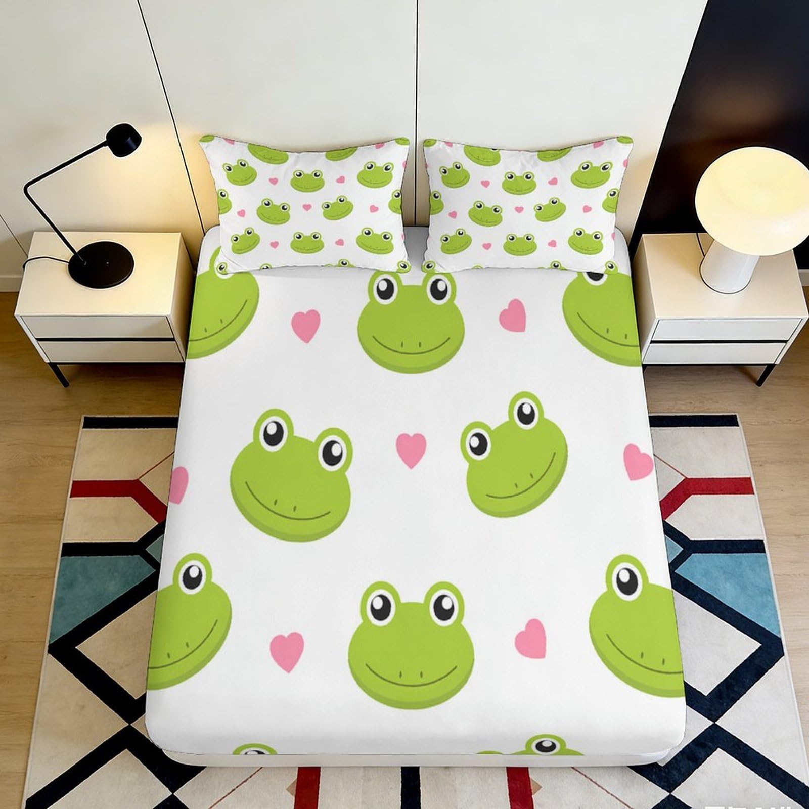 3D Printed Frog Cartoon Fitted Sheet Microfiber Green Heart Pattern Mattress Cover for Bedroom Dorm Decor 90x200x25cm