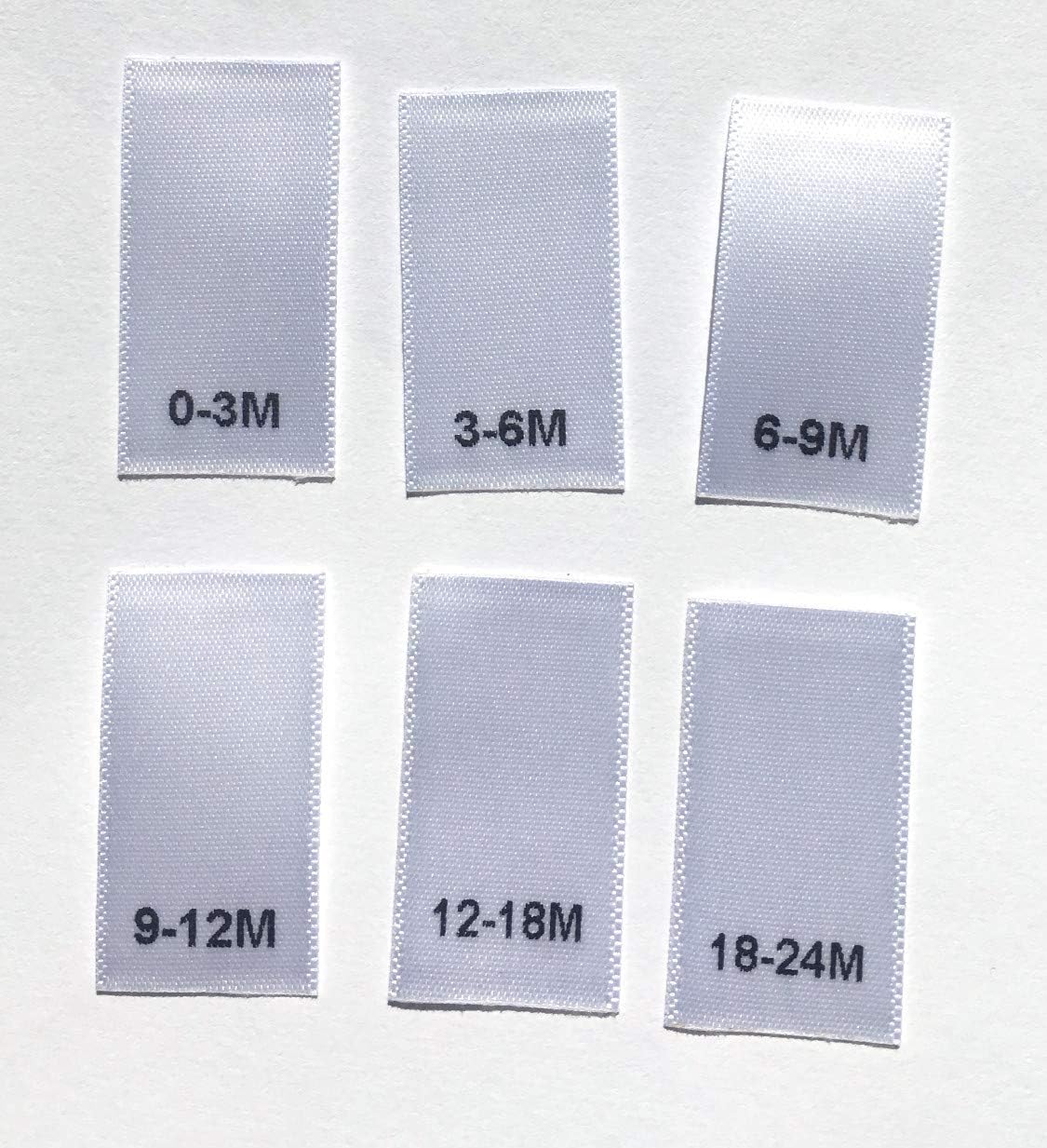 SeanLabel: 120 pcs Woven Infant Clothing Sewing Garment Label Size Tags Months White - 0-3MO, 3-6MO, 6-9MO, 9-12MO, 12-18MO, 18-24MO (20pcs Each)