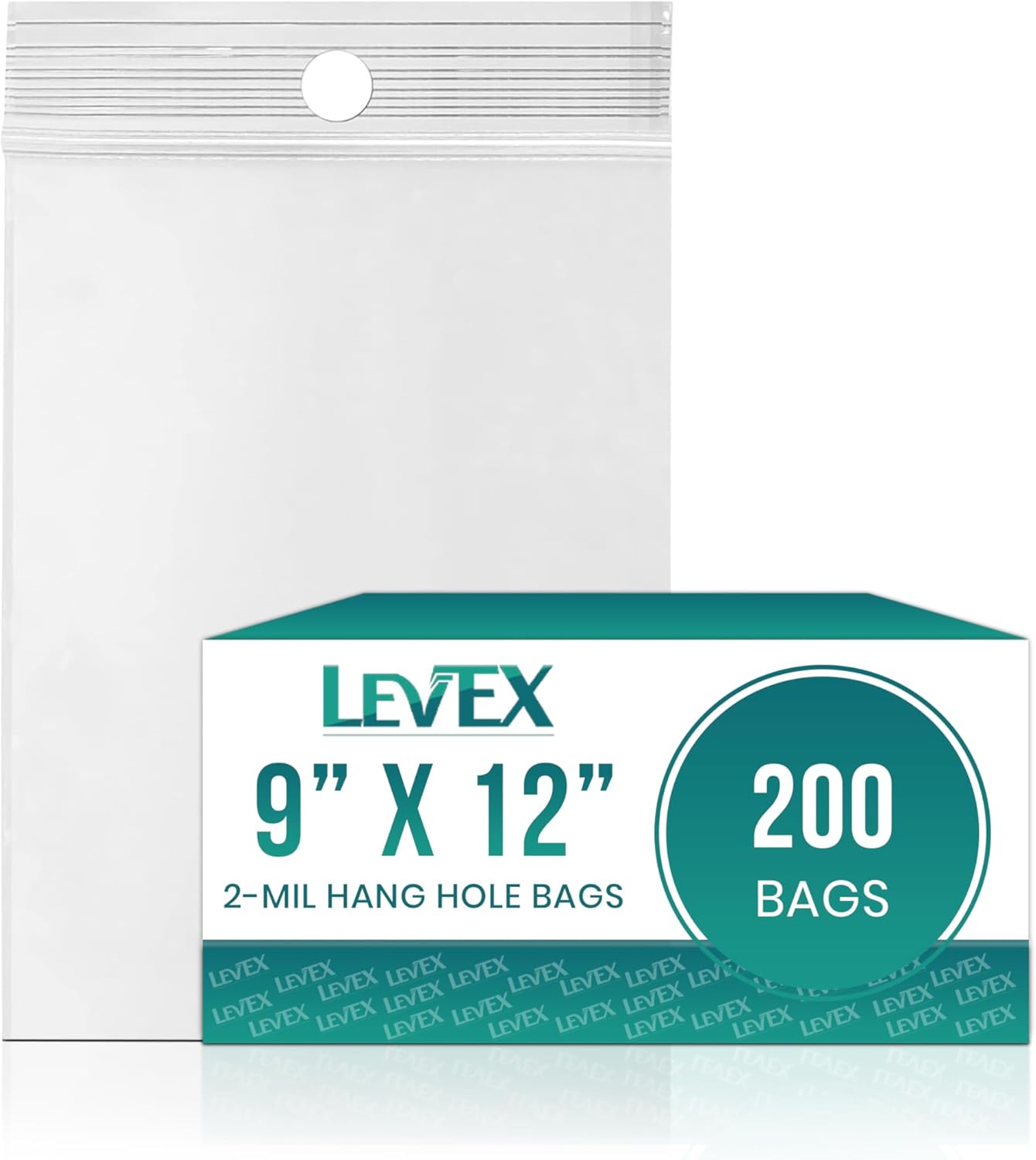 Levex - 9" x 12" (200 Count) 2 Mil Clear Hang Hole Display Reclosable Zip Plastic Poly Bags with Resealable Lock Seal Zipper for Travel, Storage, Packaging & Shipping