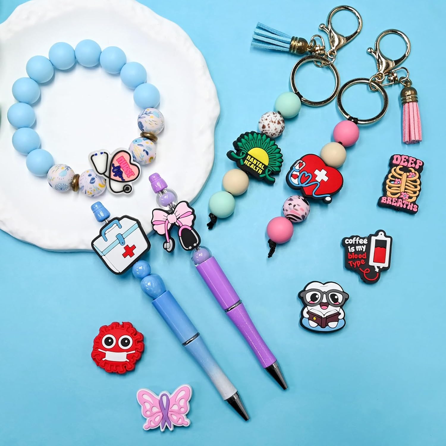 60 Pcs Focal Beads for Pens Bulk Medical Silicone Focal Bead Cute Nurse Beads Accessory for DIY Keychains Bracelet Necklace Pens Lanyard Making