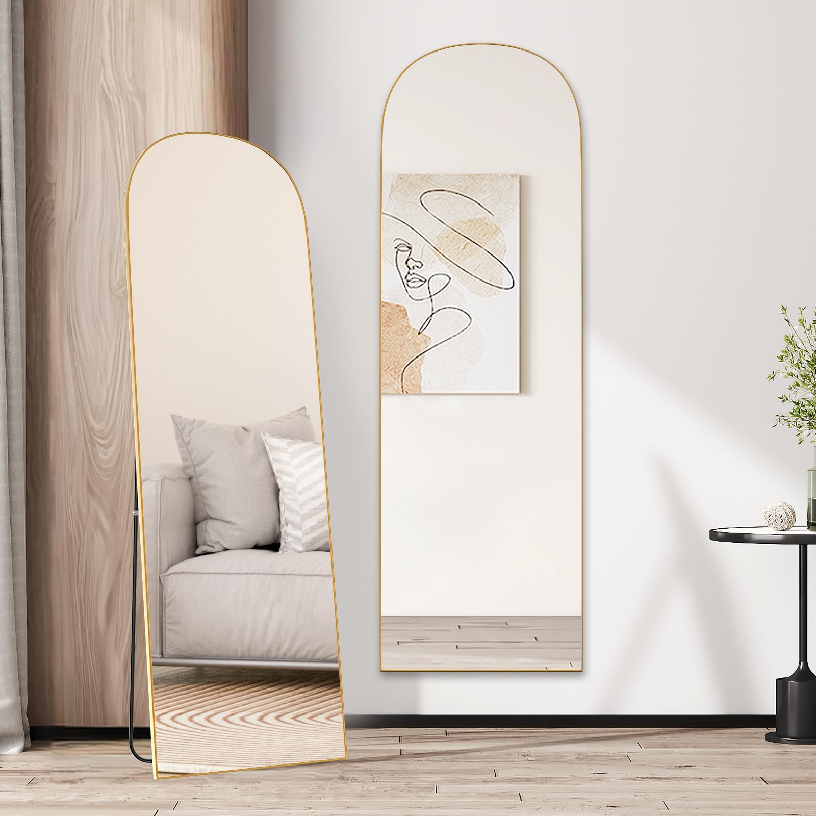 Specchio a Figura Intera, Specchio da Terra ad Arco con Cornice in Alluminio 162 x 52cm, Vetro Temperato, Specchi da Parete Lungo da Appendere o Appoggiato, per Camera da letto Ingresso, Oro