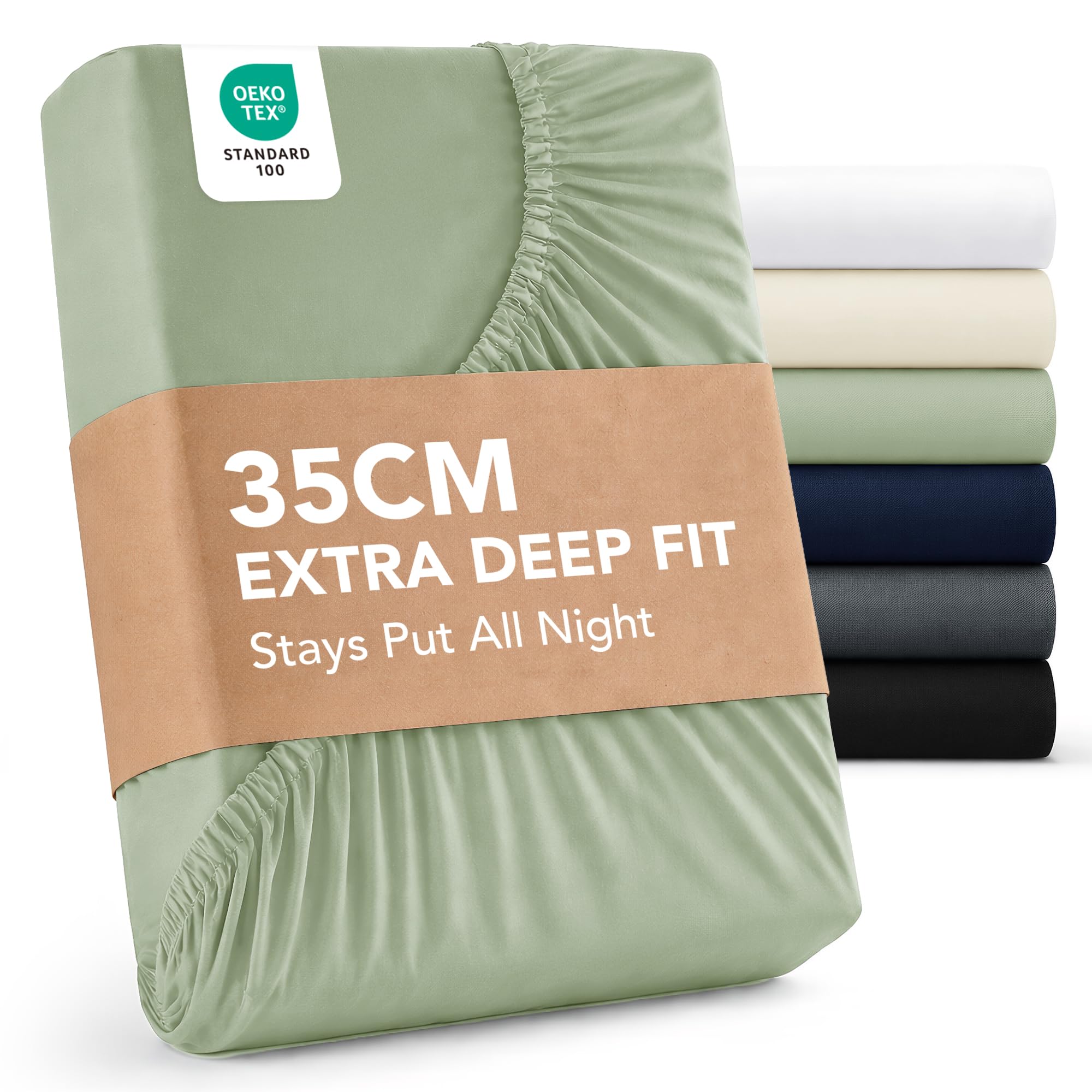Deconovo Single Fitted Sheet Sage 35cm Deep - Fully Elasticated Fitted Bed Sheet Ultra Soft Brushed Mricrofibre Fabric OEKO-TEX Certified Bottom Sheet Shrink Resistant and Breathable