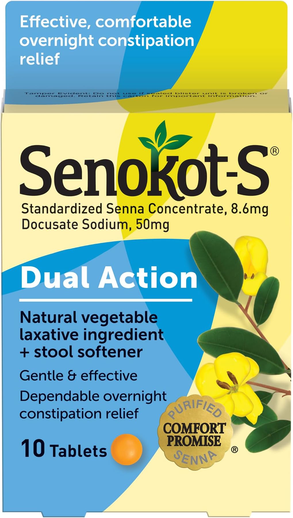 Senokot-S Dual Action Natural Vegetable Laxative Ingredient Plus Stool Softener Tablets, Docusate Sodium, Senna Concentrate, Gentle, Overnight Relief From Occasional Constipation, 10 ct