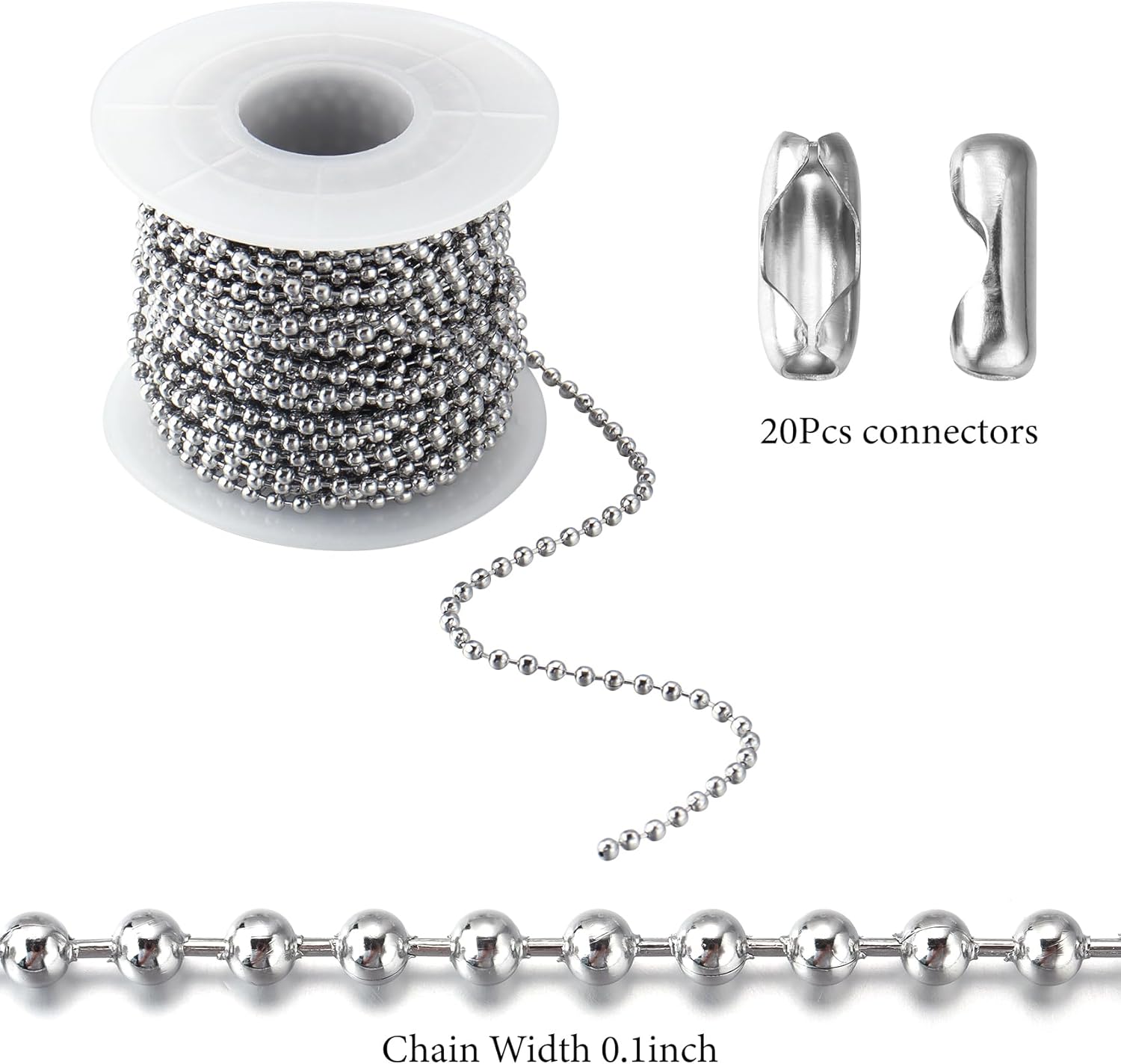 33Feet Ball Bead Chain Stainless Steel Dog Tag Chain with Matching Connectors for Jewelry Making Necklace Hanging Bracelets Keychain(2.4mm)