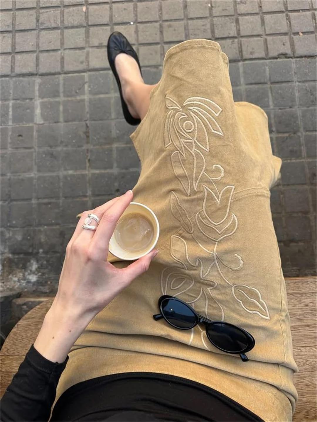 Women Printed Long Skirt High Waist Commute Style Side Split Elegant Contrast Detail Slim Fitting Maxi Skirt