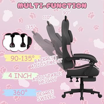 Bigzzia Gaming Chair Cute with Cat Ears and Massage Lumbar Support, Ergonomic Computer Chair for Girl with Footrest and Headrest (Black and Pink)