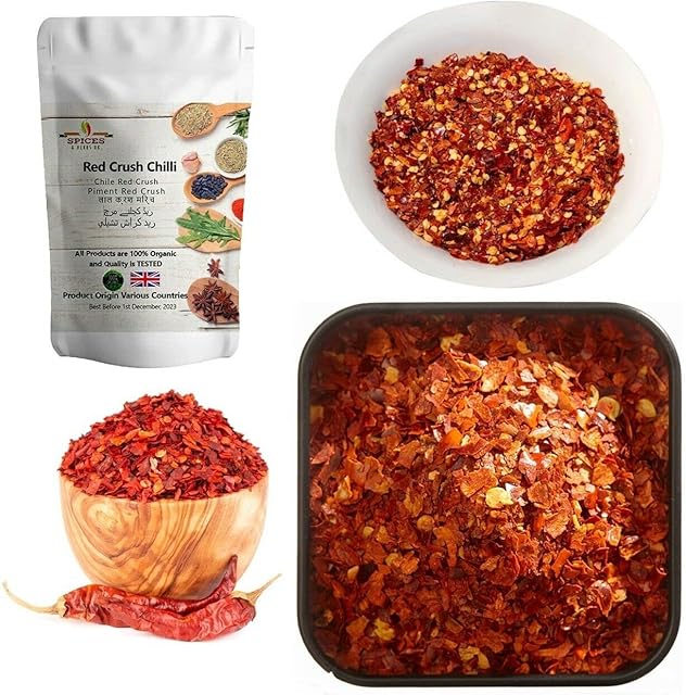 Organic Dried Red Crushed Hot Chilli Flakes Spices&herbsuk for Barbeque Rub Glaze Grill Tandoori Seasoning Sauces Curries Spicy Flavour - 1kg