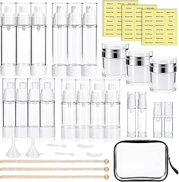 34 Pack Airless Pump Jars Set, 1.7/1/0.7/0.34oz Refillable Travel Size Containers, Leak-Proof Toiletry Bottles for Skincare and Creams, Lotion, Eye Cream, Liquid, Foundation, Shampoo