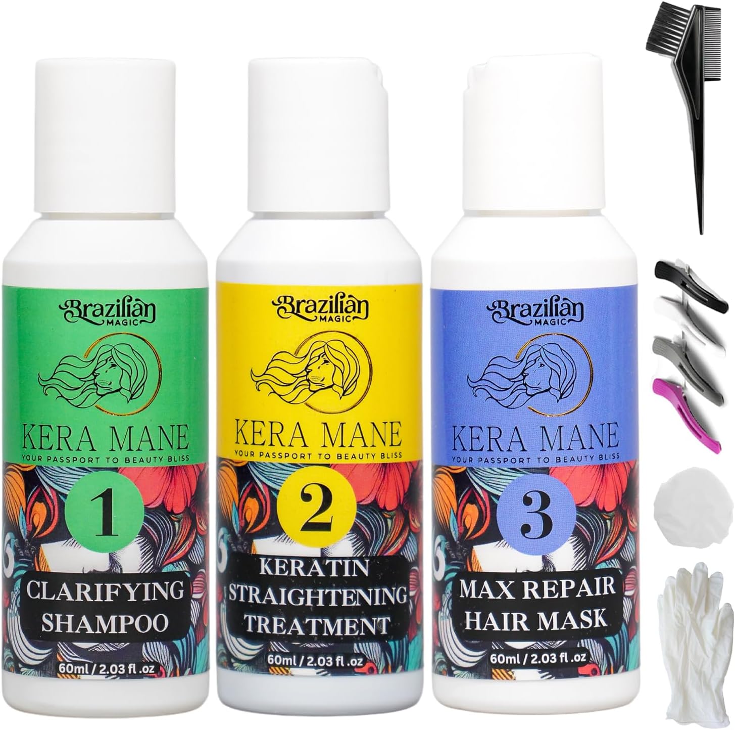 3-Pack Brazilian Keratin Hair Treatment Kit | Deep Hair Conditioning, Repair & Smoothing Formula | Reduces Frizz, Adds Shine | Scent-Free, Easy At-Home Keratin Treatment