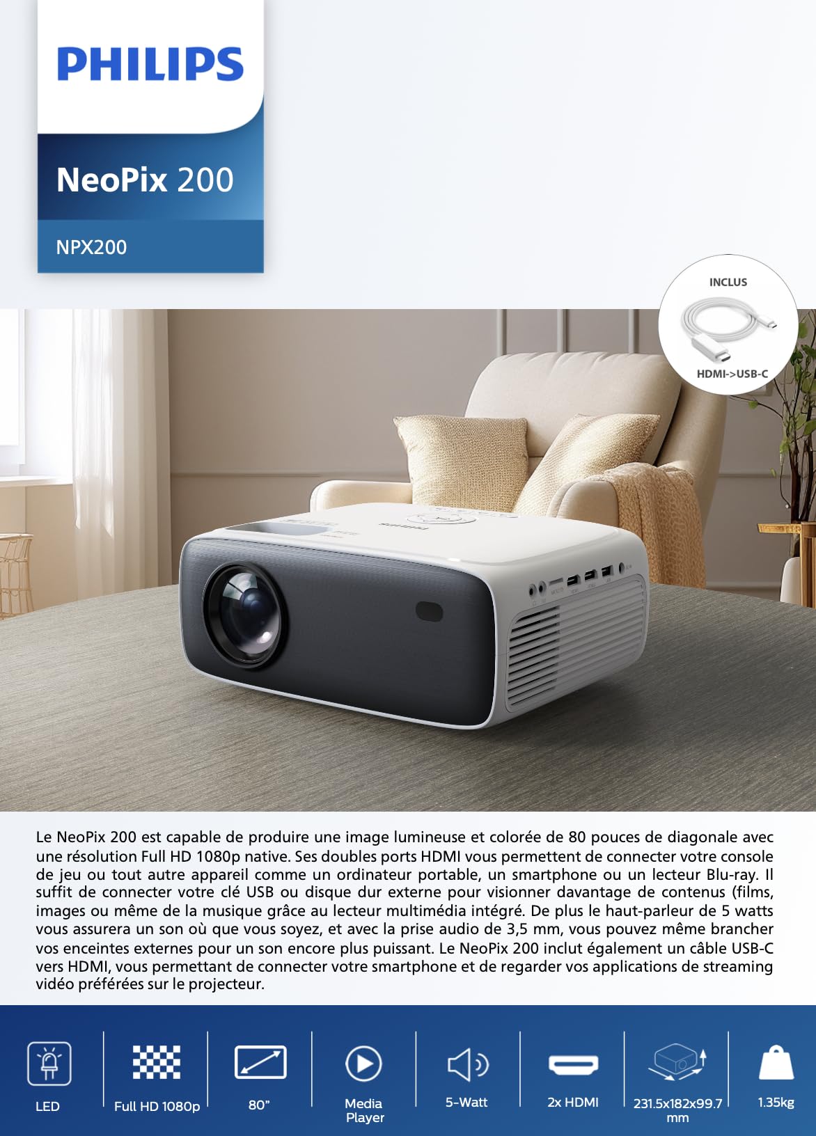 Philips, Neopix 200, Vidéoprojecteur Home cinéma, Full HD 1920 x 1080p, Source Lumineuse LED, Son Stéréo 2x3 Watts, Gris