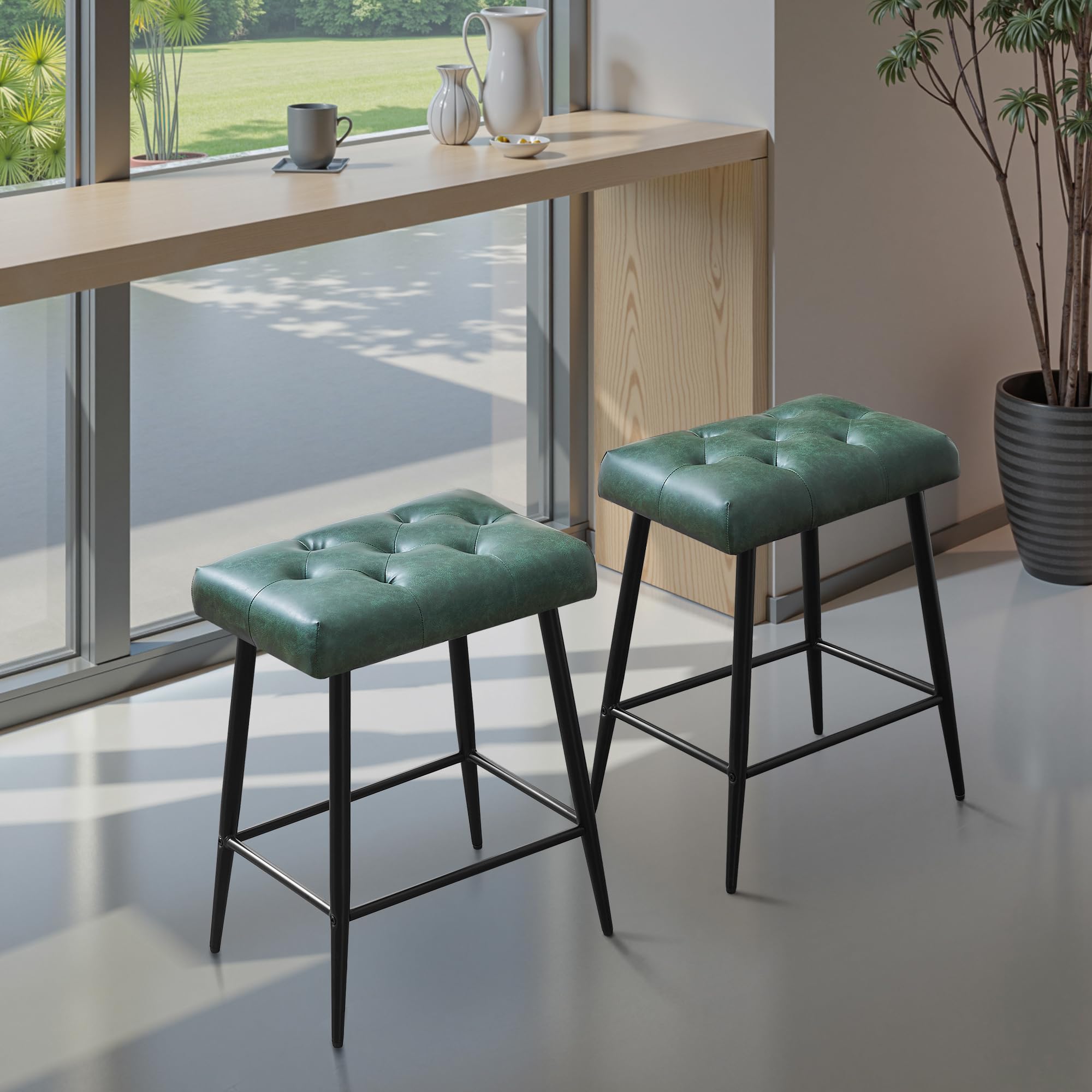 STOOLINK Sgabelli Bar Set di 2, Sgabelli Cucina con Poggiapiedi, Sgabello Alto Pelle in Microfibra, Sgabelli Isola Cucina Rétro, Sgabelli da Cucina per Cucina e Isola Cucina-Verde
