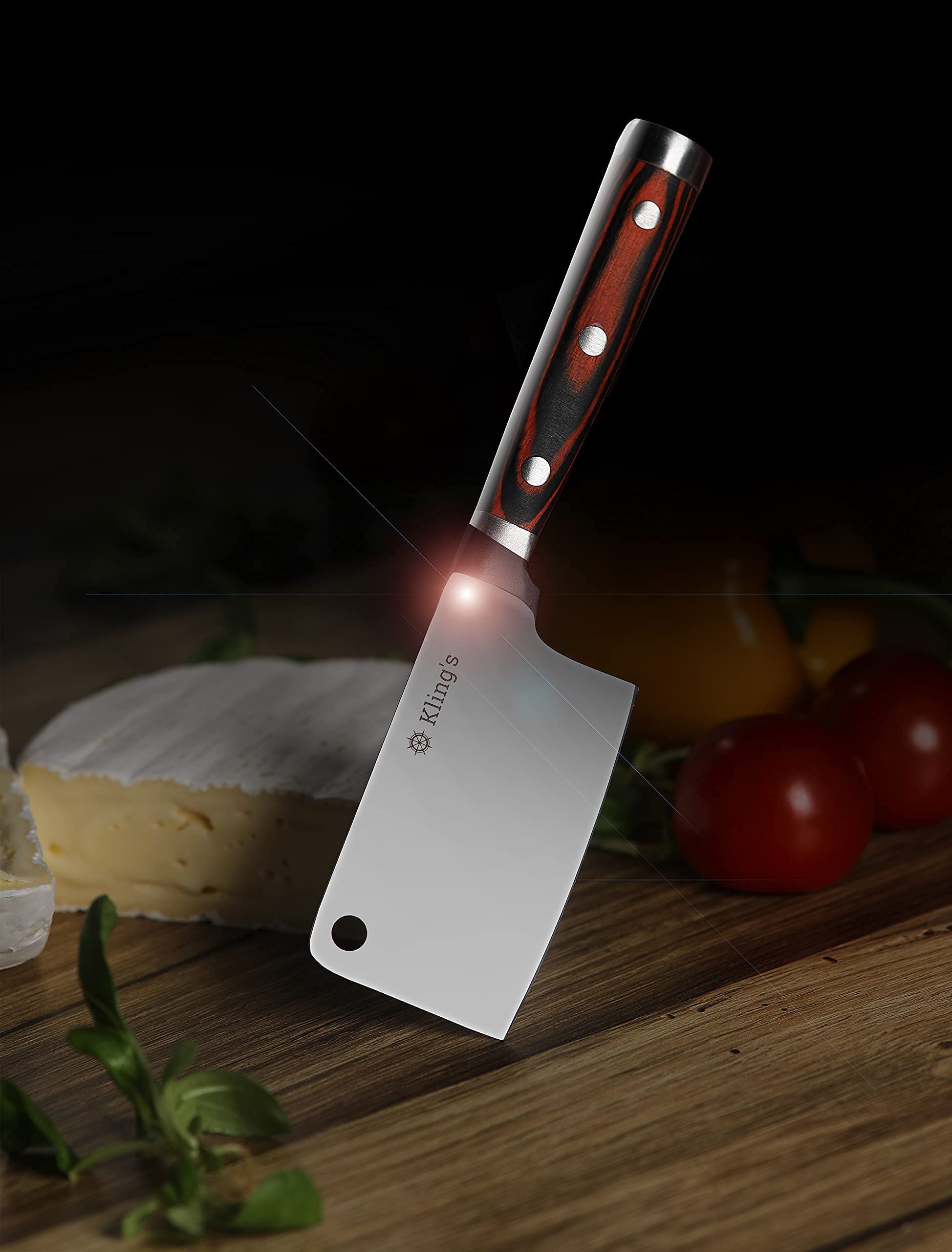Kling's I Steakbesteck Set - Premium Grillbesteck Set, 2 Steakmesser Beil, Käsemesser, Steakmesser Set mit Holzgriff aus Pakkaholz, Glatt Geschliffene Klinge aus deutschem Messerstahl