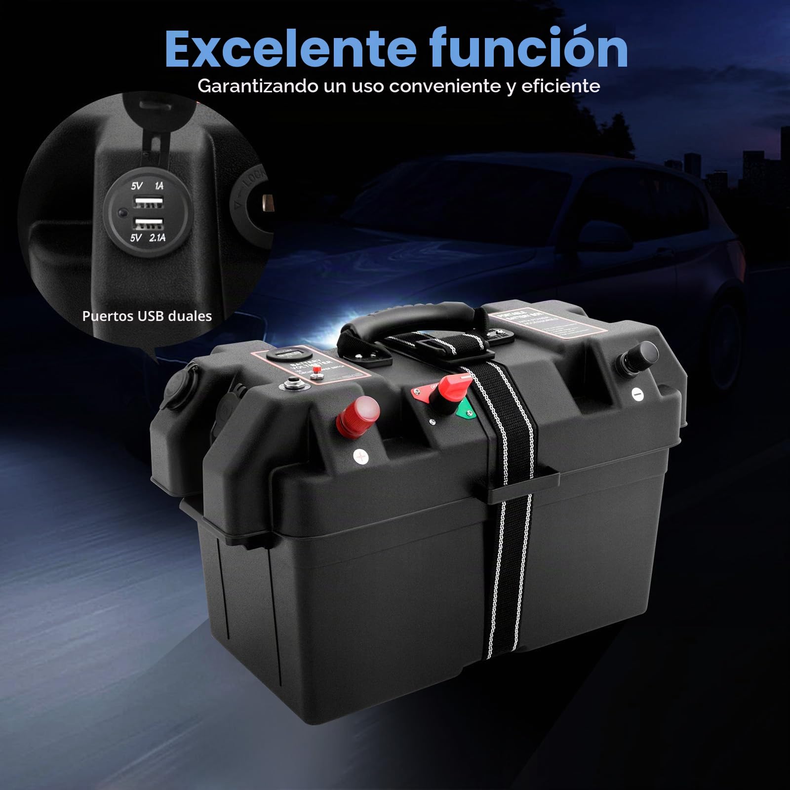 Caja de batería con doble puerto USB, caja de batería para barco con indicador LED, caja de batería para barco marino RV batería de litio (batería no incluida)