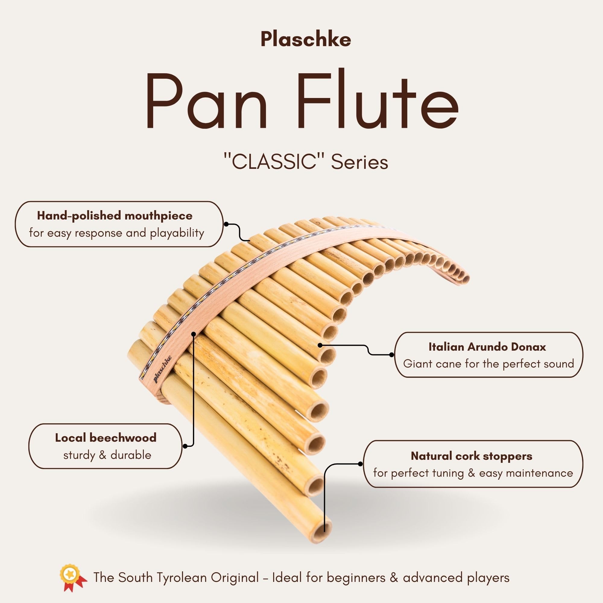 Plaschke - Flûte de pan en bambou - Avec 20 tubes, Do majeur, lanières en bois, étui et livret - Fabriquée à la main - Instruments du Tyrol du Sud / Italie