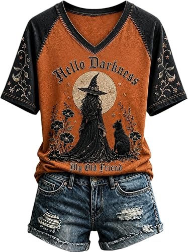 Women Halloween Shirt Short Sleeve V Neck Witch Cats Graphic