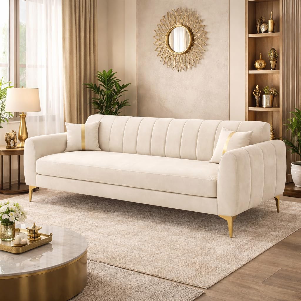 Hermione Luxe Velvet-Suede Fabric 3 Seater Sofa | Comfortable Seating | Modern Sofa for Living Room – Cream
