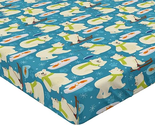 Miniatura 9 de Lunarable Juego de sábanas bajeras de dibujos animados, oso polar con bufanda, esquí y pesca en hielo, animales árticos, ropa de cama decorativa con