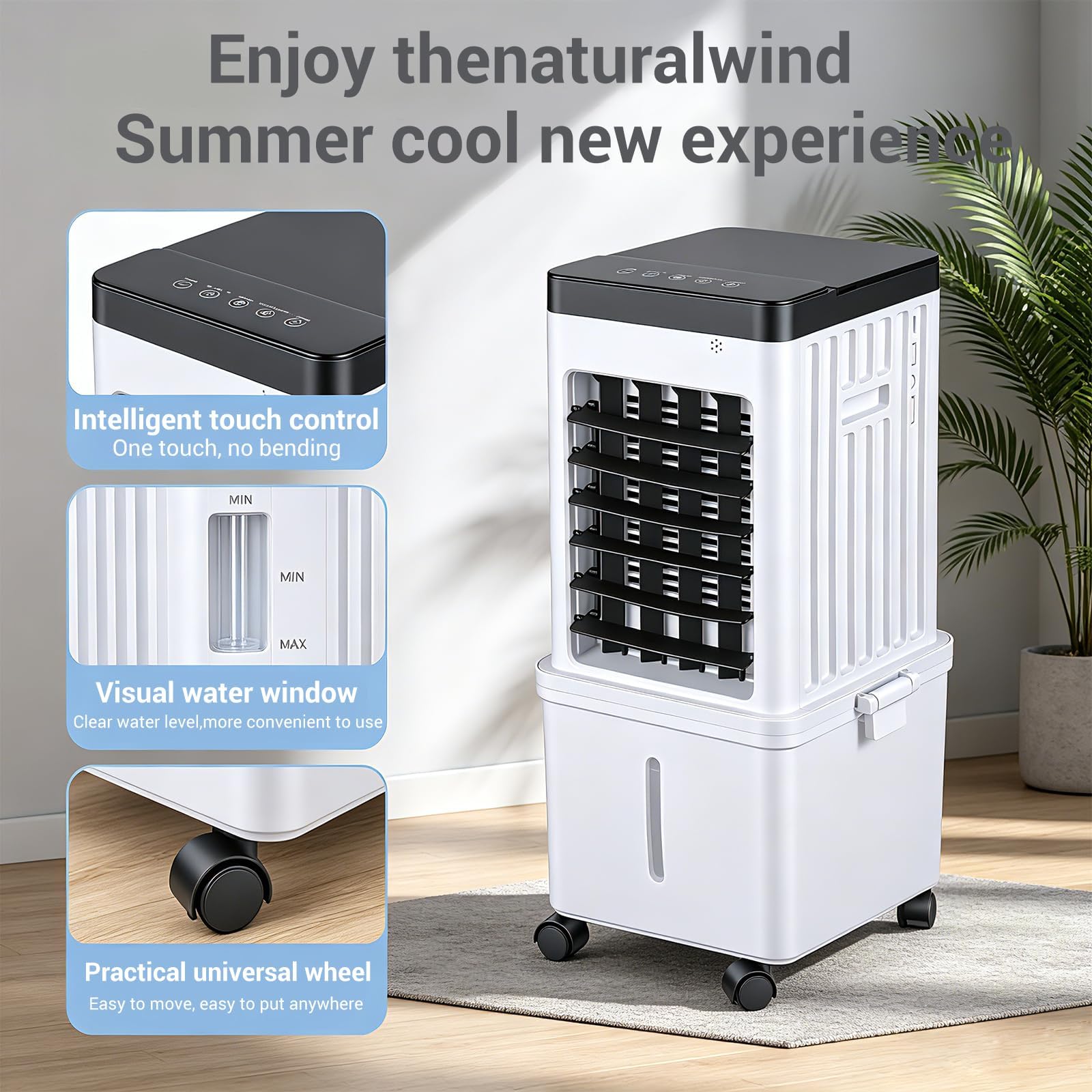 Climatiseur Mobile Sans Évacuation 15L, 3-en-1 Rafraîchisseur d'Air Évaporatif Silencieux avec Télécommande, Ventilateur Brumisateur & Humidificateur, 3 Modes, Oscillation 120° Pour Maison Bureau