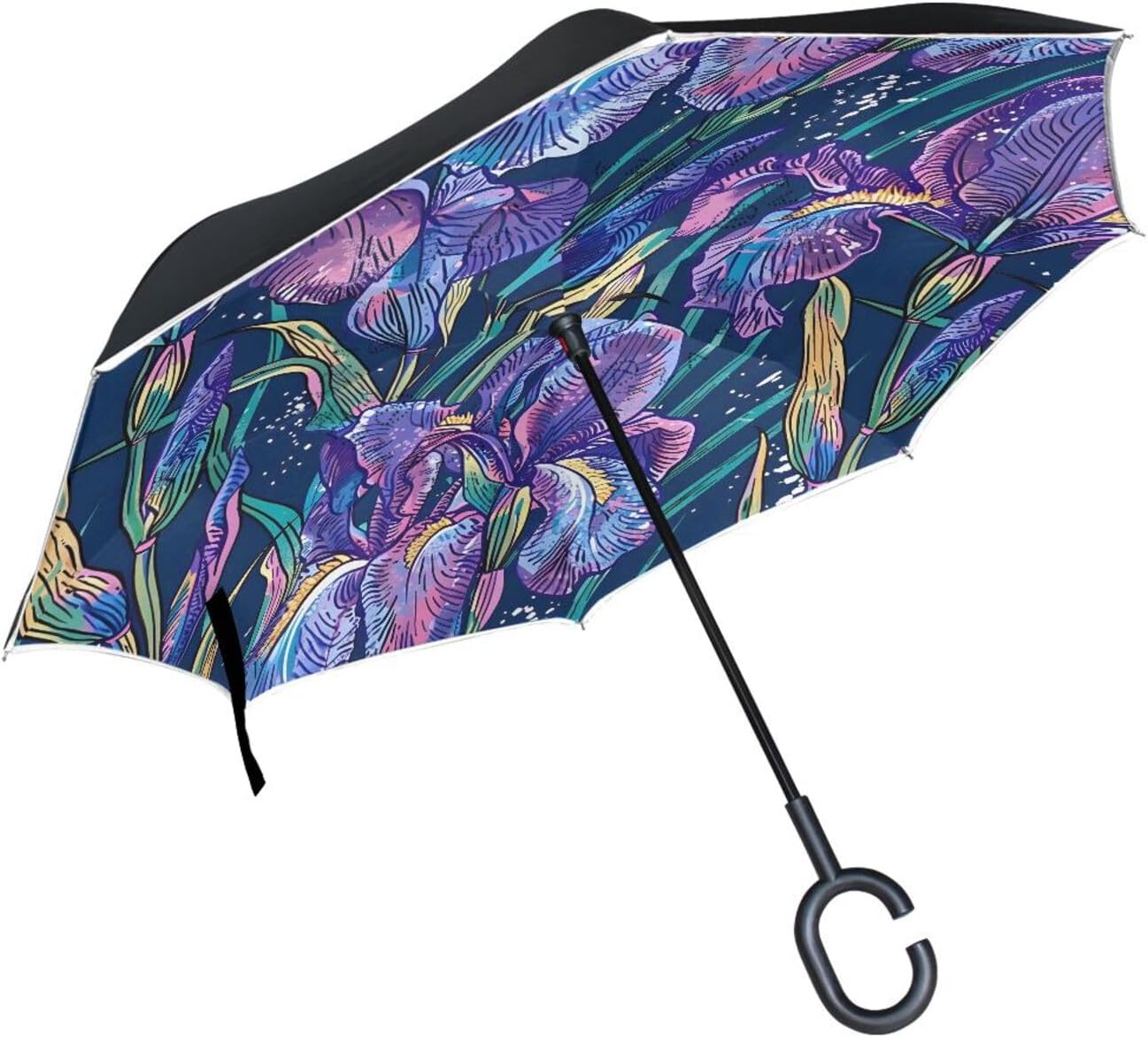 Iris Flower Floral Inverted Umbrellas for Rain Windproof Reverse Upside Down Golf Umbrella with C-shape Handle for Men Women