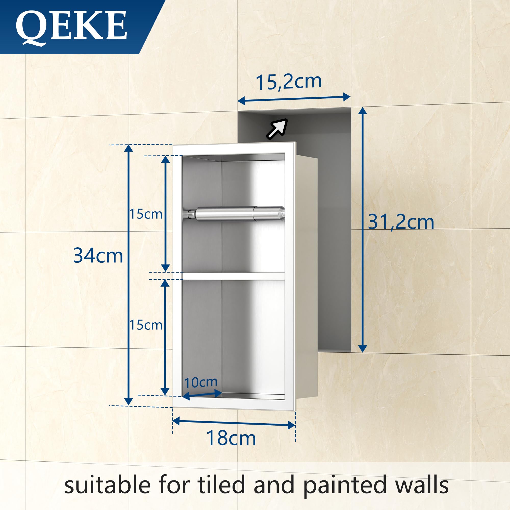 Qeke Recessed Toilet Paper Holder, 304 Stainless Steel Bathroom Toilet Paper Holder with Storage - Image 2