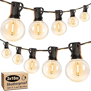 Roccar Festoon Lights Outdoor 30M (15M x 2), String Lights with 50+2 g40 LED Bulbs, Waterproof and Shatterproof Plug-in Ou...