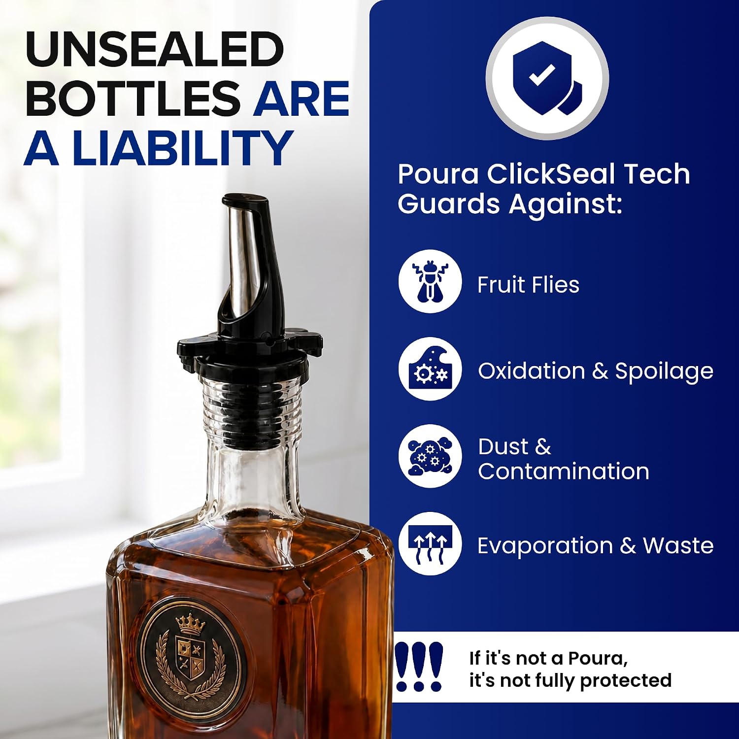 3-in-1 Liquor Pour Spout | Olive Oil Spout with Built-in Caps for Optimal Fly and Dust Protection - Dishwasher Safe, Hygienic Alcohol Speed Spouts - Black 2 PCs with 2 Adapters for Large Neck Bottles