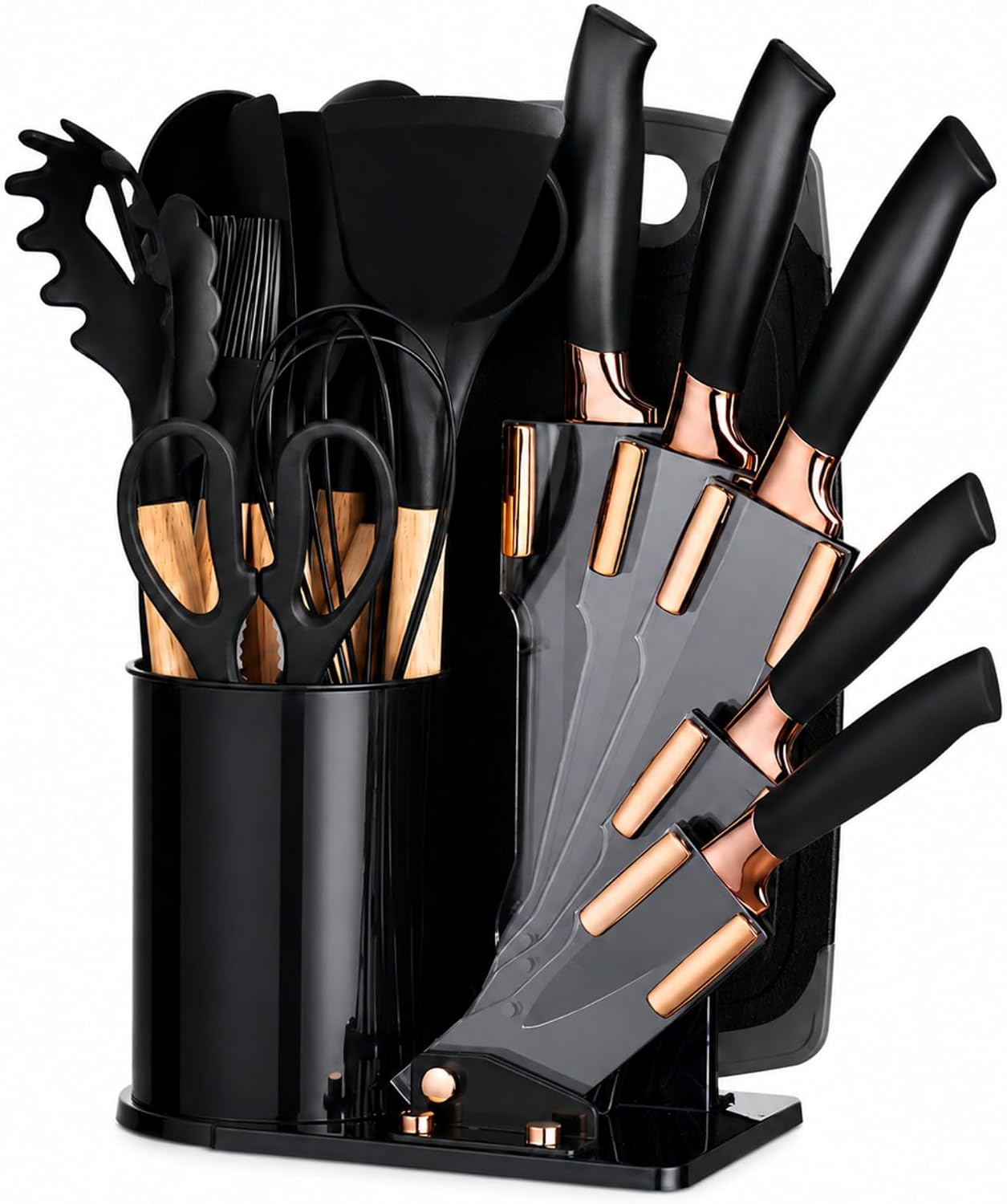 19-Piece Black Kitchen Utensils Set with Knife Set & Cutting Board - Silicone Cooking Utensils with Wooden Handles, Rose Gold Accents, Scissors, Whisk & Tongs - BPA-Free Modern Black Kitchen Gift Set