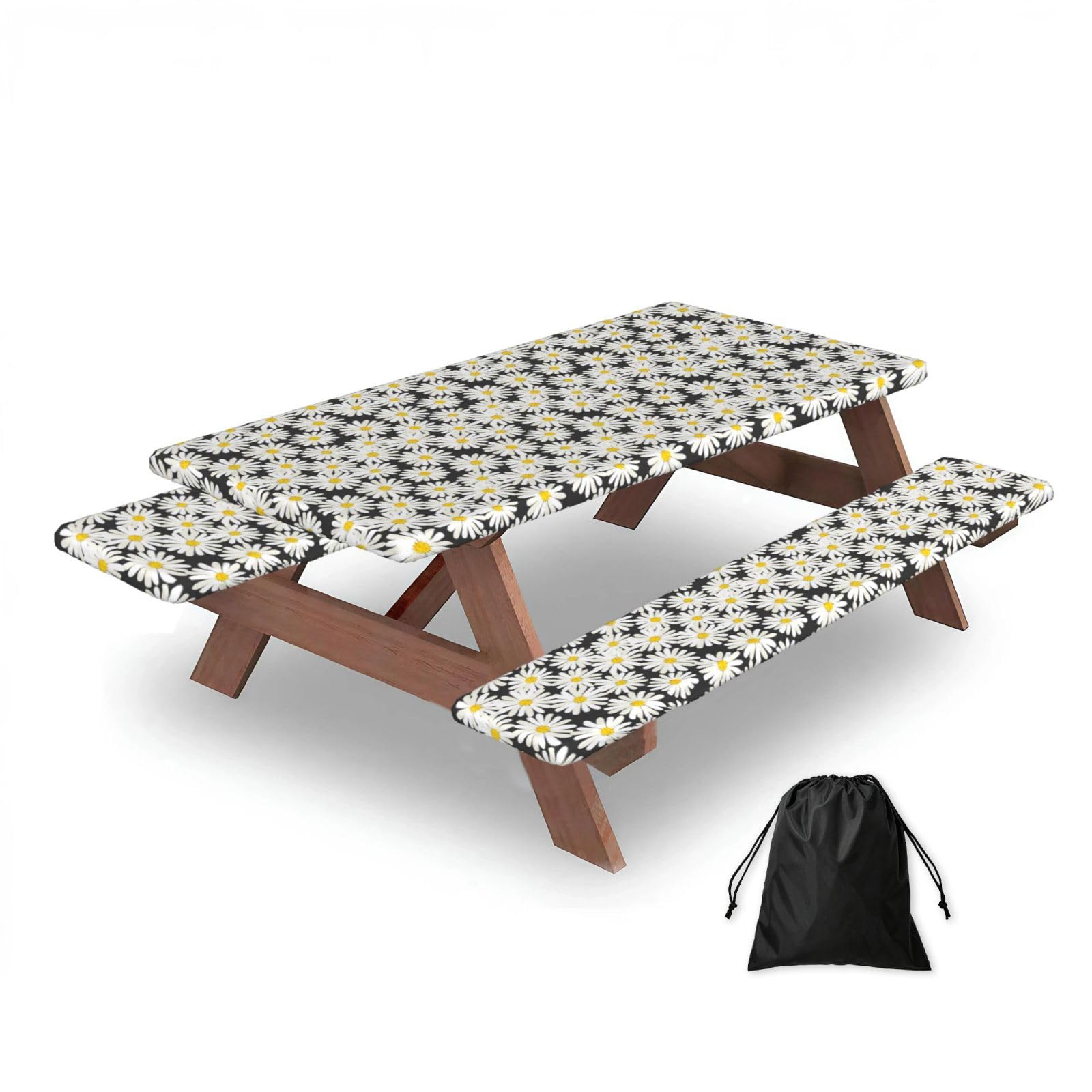 Dopklna As Picture Black White Daisy, Picnic Table Cover With Bench Covers -Waterproof Elastic Fitted Tablecloth For Garden Camping Patio 76X152cm