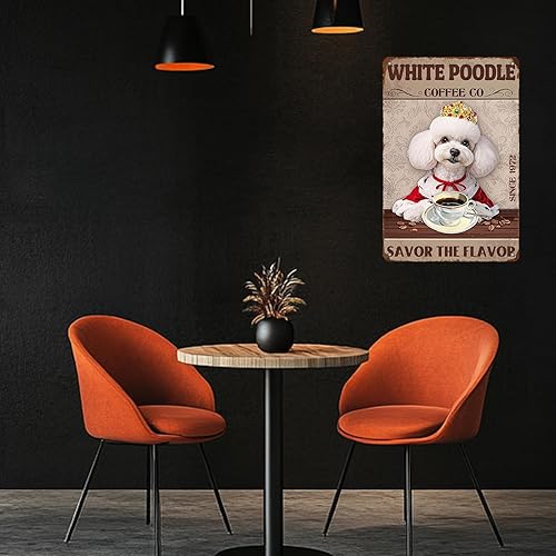 Miniatura 4 de Cartel de metal vintage de caniche blanco con texto en inglés Coffee Co Savor The Flavor, arte de pared moderno para sala de estar, póster de
