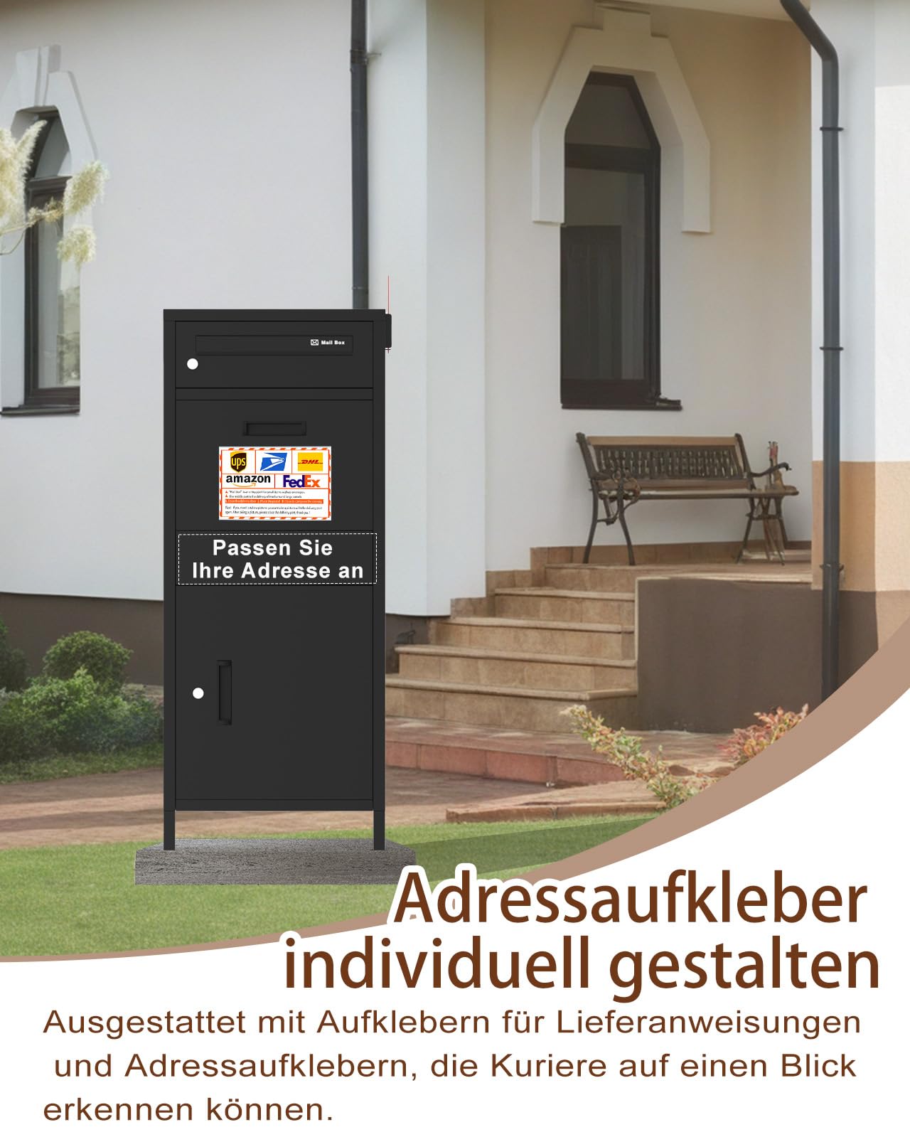 Paketbox Draussen Groß XXLh|Witterungsbeständig Großer Briefkasten mit Paketfach|Personalisierbare Adressaufkleber|Geeignet für Wohnungen, Häuser, Büros und(37 * 46 * 107.5 cm)