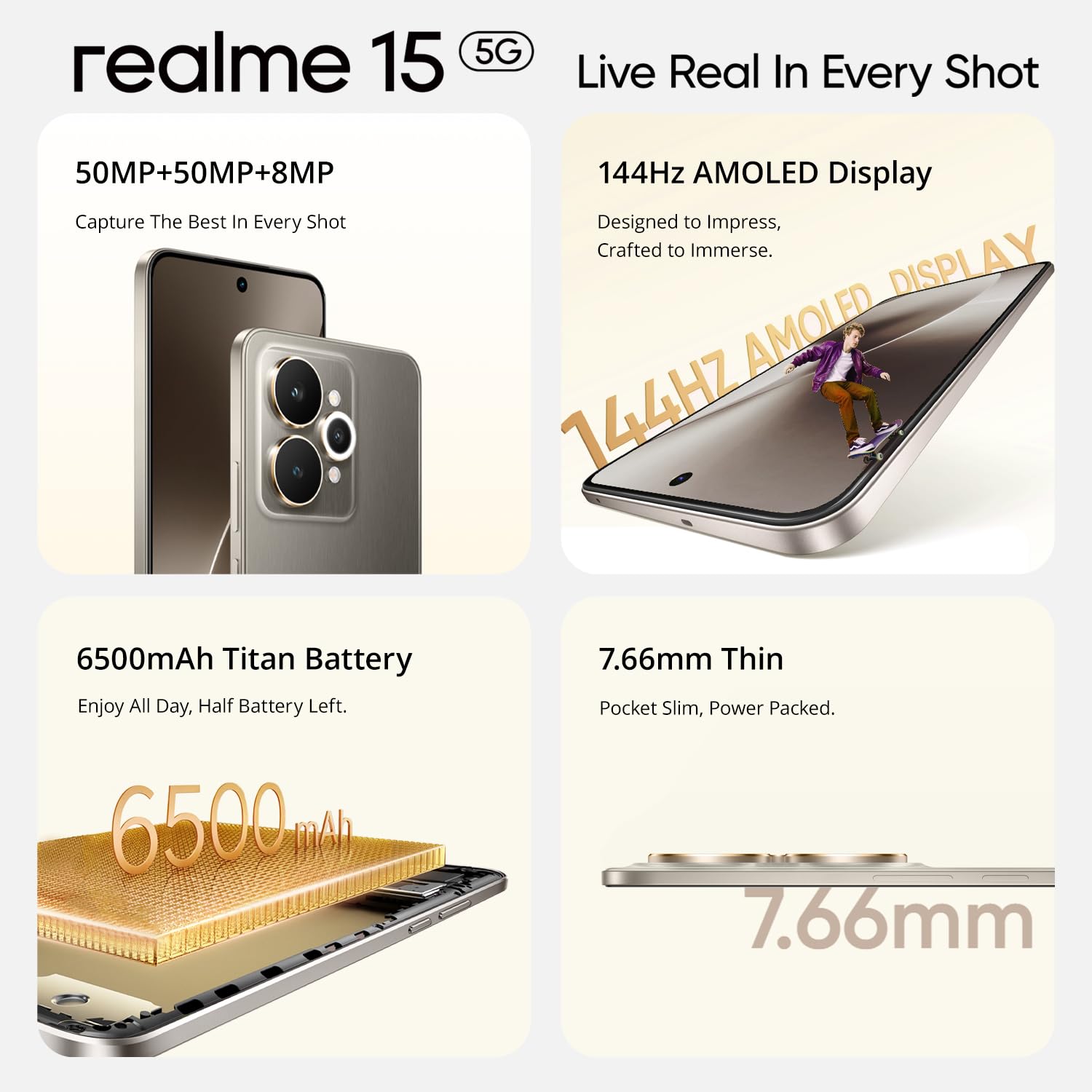 realme 15 5G Smartphone 12+256GB, Titanium | Batteria 6500mAh, Ricarica Ultra Rapida 45W, Display AMOLED 6,77 pollici, 144Hz, Fotocamera AI 50MP, Dimensity 7300+, IP69
