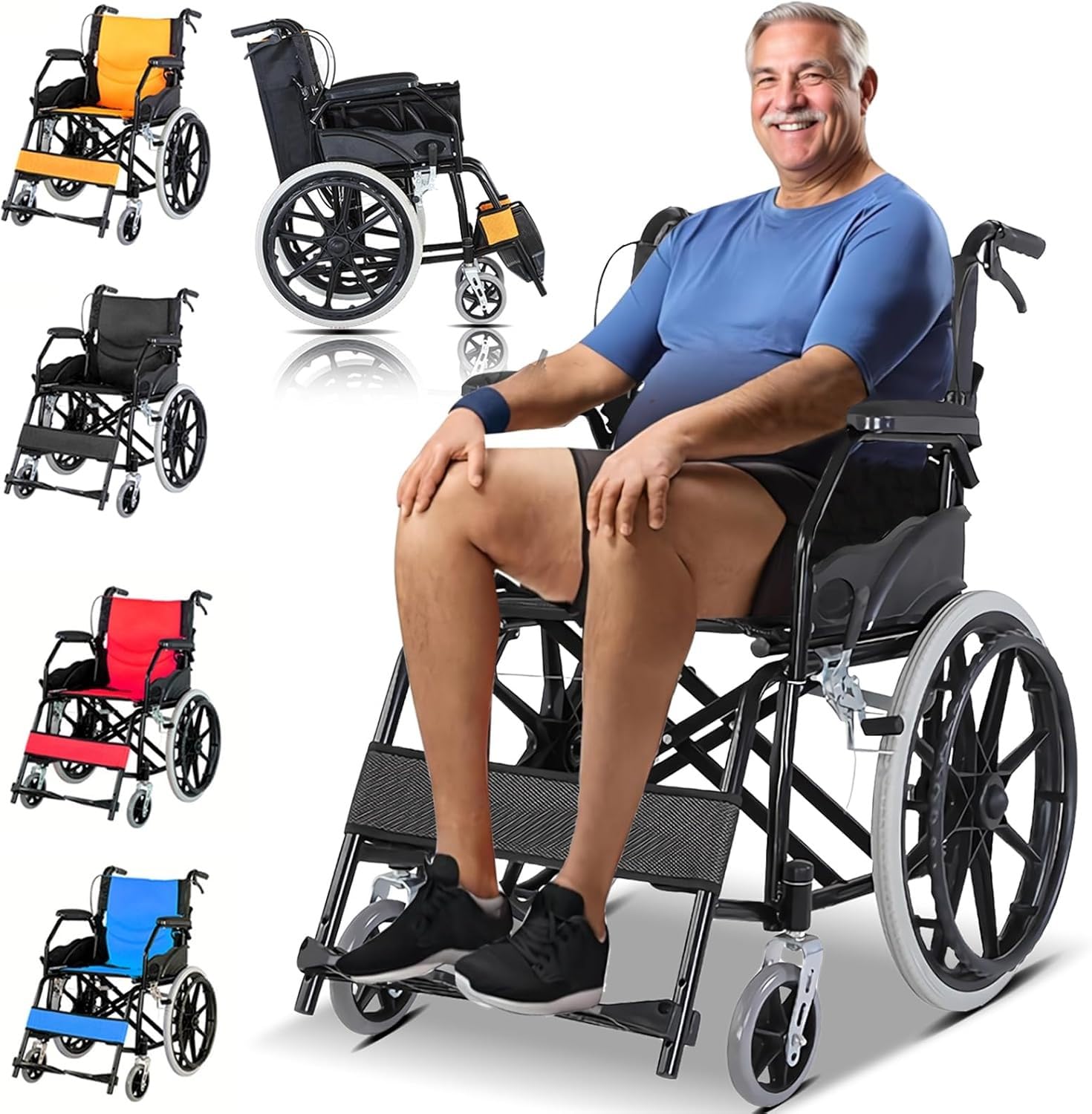 Silla De Ruedas De Transporte Liviana Plegable,Capacidad De Carga 150 Kg,Silla De Ruedas Ligera Y Plegable con Freno De Tambor,con Autopropulsión,Silla De Ruedas De Viaje Black