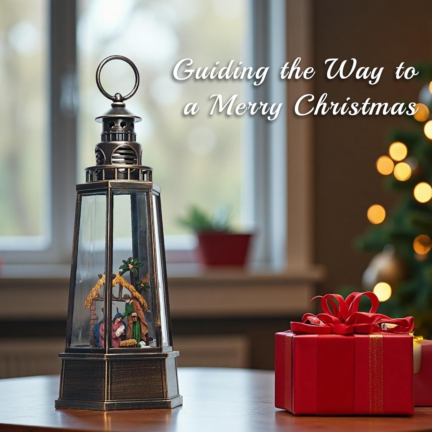 13.5'' Christmas Nativity Snow Globe, Retro Lighthouse Style Musical Lighted Water Lantern, Decoration with Swirling Glitter, USB Powered and Battery Operated, Xmas Home Décor Gift