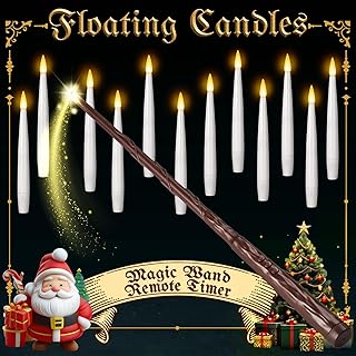 NURADA Floating Candles with Wand Remote Timer - Magic LED Hanging Flameless Taper Candles Flickering Battery Operated for Birthday Theme Party Halloween Home Window Decor - White 12 Pack