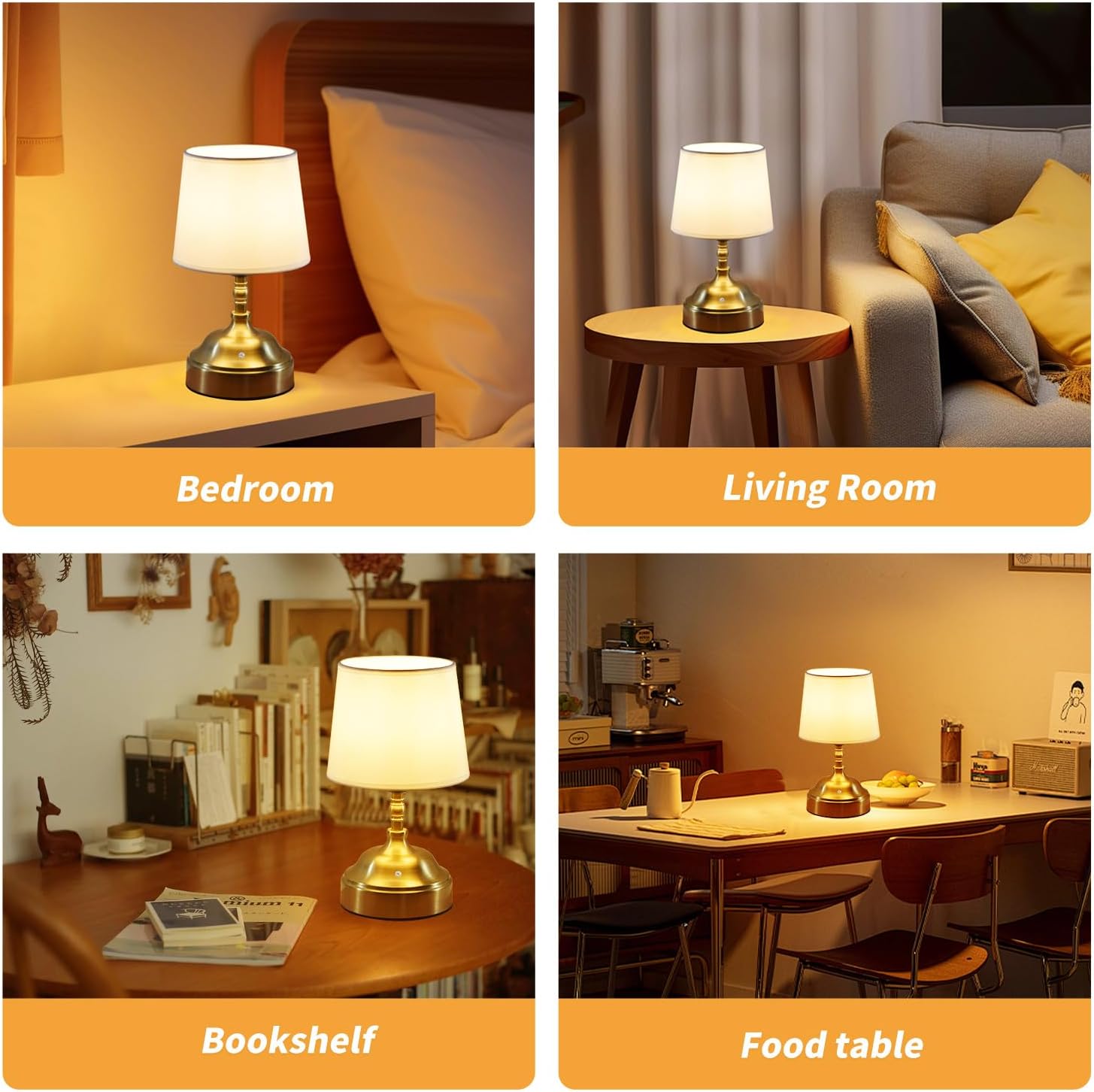 Small Lamp, Cordless LED Table Lamp with Dimmer，4500mAh Rechargeable Lamp，3-Level Brightness,Patio, Bedside, Restaurant,Gold.