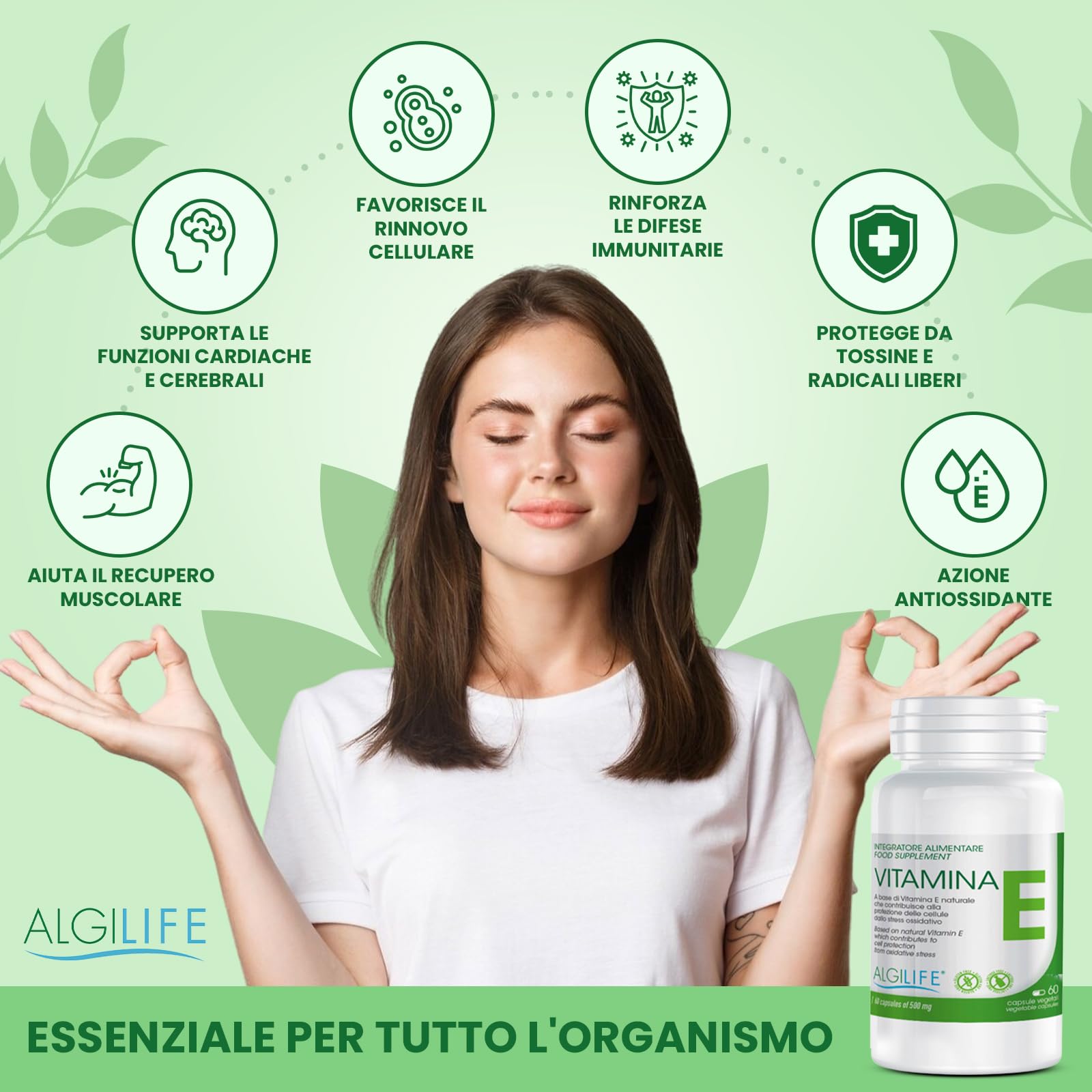 Algilife - Vitamina E Pura in Capsule Vegetali da 60 Mg. Vitamina E Per Viso e Corpo 100% Naturale con Tocoferolo. Vegan Senza Glutine e Lattosio (60 Capsule, scorta 2 mesi)