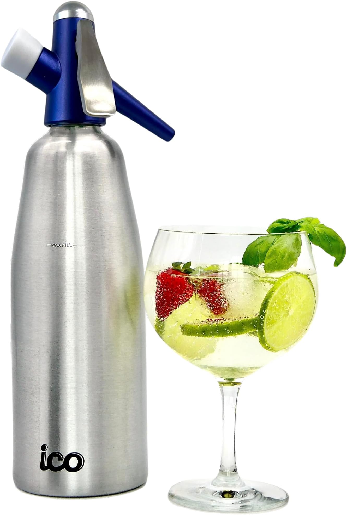 ICO Soda Siphon, Sparkling Water Maker, Soda Maker, Carbonated Water Machine for Fresh Soda Water, Cocktails, Hard Seltzers, Uses 8g C02 cartridges (Not Included), 1L/1 Pint