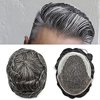 Vista 13 de Peluca tipo tupé para hombre, sistema de reemplazo de cabello humano europeo indetectable, encaje francés, nudos blanqueados, línea capilar natural