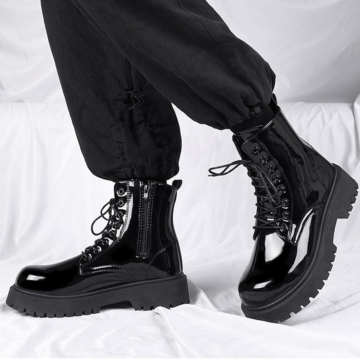 Men's Patent Leather Round Toe Platform Ankle Boots Lace Up Fashion Comfortable Non-Slip Lug Sole Combat Booties For Wedding Formal Business Office Daily Wear - Image 9