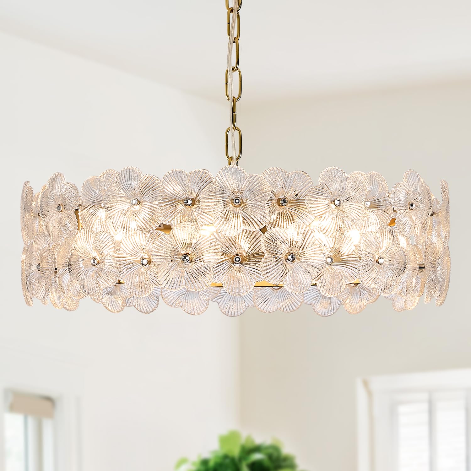 Poemoon Modern Clear Flower Glass Chandelier 20" Elegant 6 Lights Gold Chandelier Light Fixture Luxury for Living Dining Room Kitchen Entryway Bedroom
