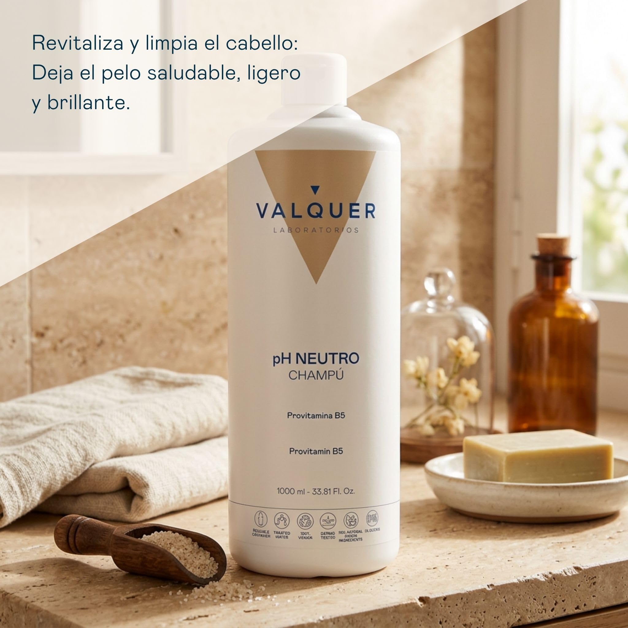 VALQUER Champú Revitalizante pH Neutro | Fortalece, Hidrata, Repara y Aporta Brillo al Cabello Dañado | Con Ingredientes Naturales y Vitamina B5 para Todo Tipo de Pelo | 1 L