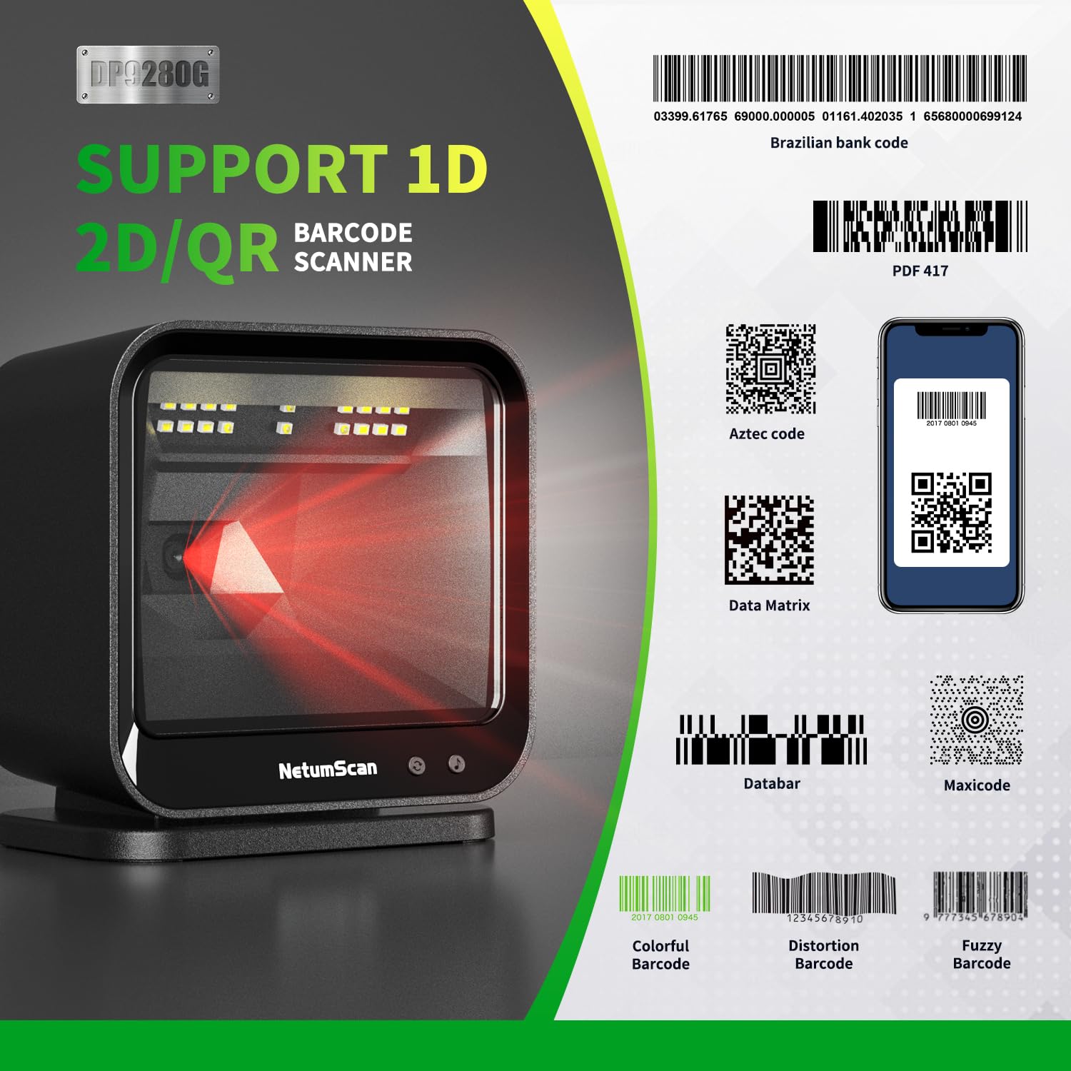 NetumScan Escáner de códigos de Barras Manos Libres automático, Lector de códigos de Barras USB 1D y 2D con Amplio ángulo de escaneo, para inventario de almacenes de supermercados minoristas.