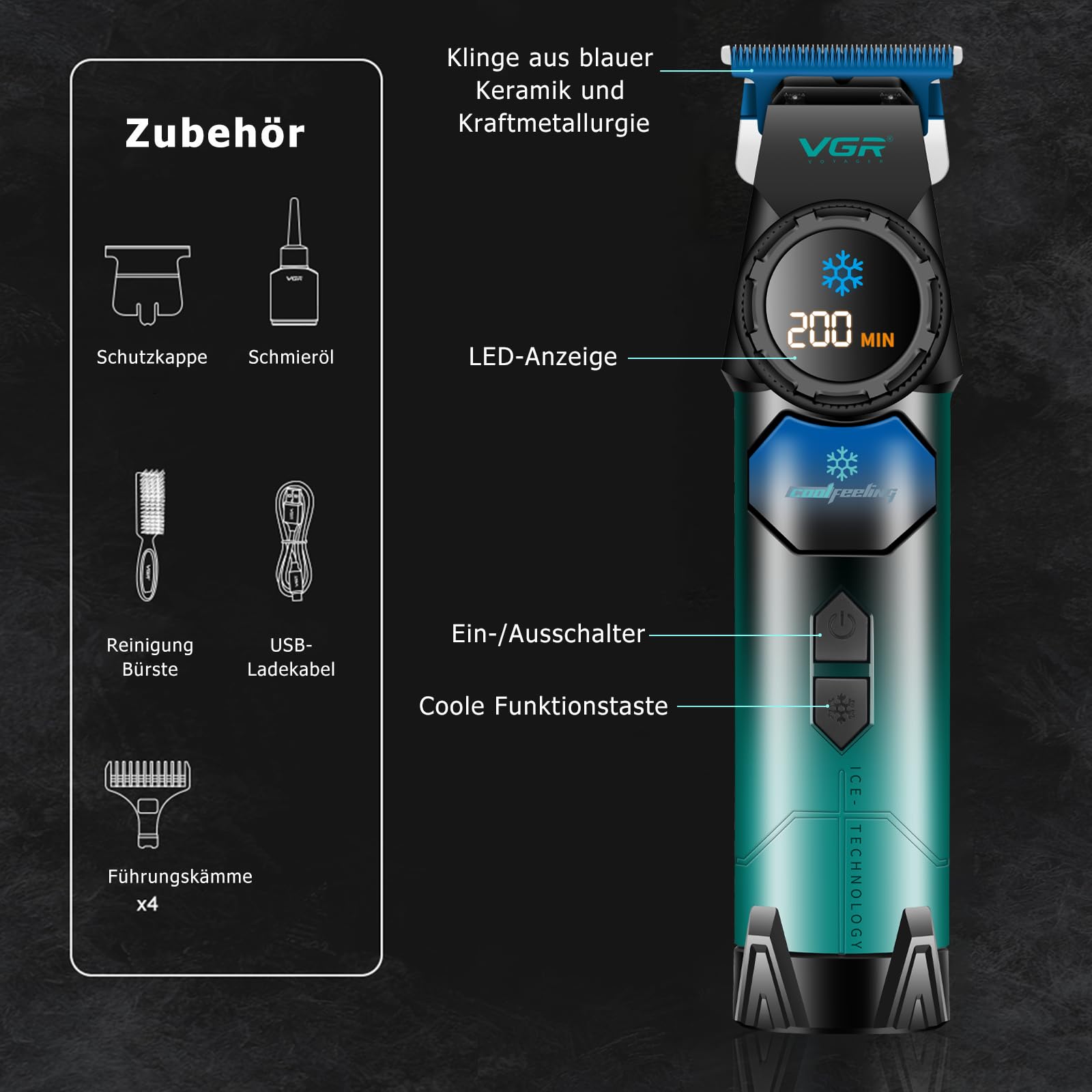 VGR 946 Haarschneidemaschine Profi für Männer, Kabelloser Trimmer Herren | Klinge Aus Blauem Keramikpulvermetallurgisch und Kühlfunktion, Haartrimmer Herren mit 8000 U/Min Motor und LED Display