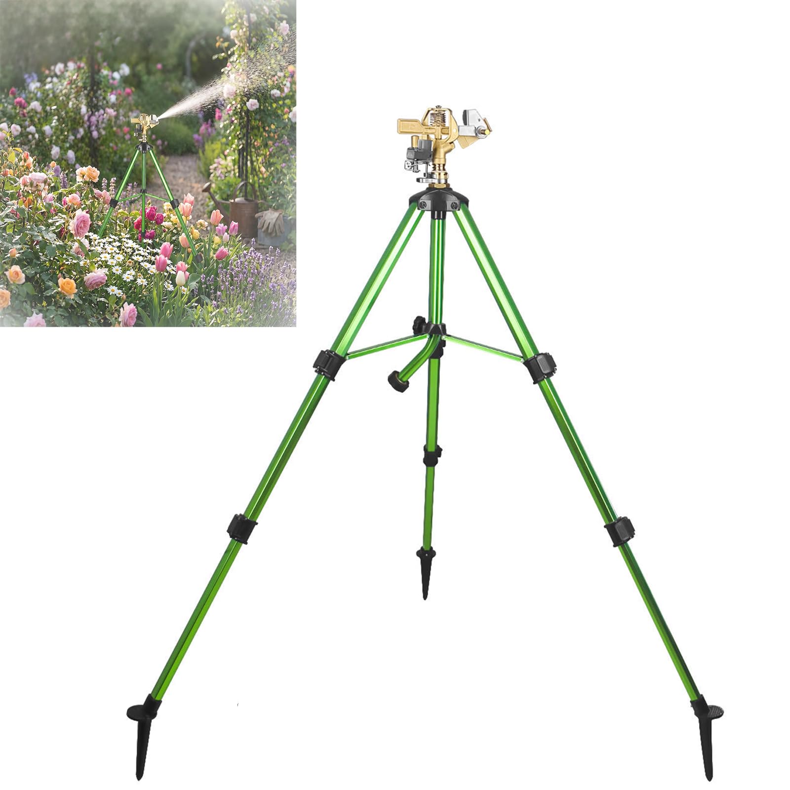 Messing Impulsregner mit Stativ 360 Rotation Garten Rasensprenger Einstellbare Hoehe 20-36 Zoll Aluminiumlegierung 3/4 Zoll Gewinde Bewaesserung Outdoor Gruen