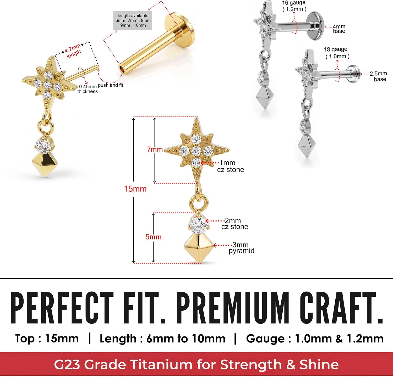 G23 Grade Titanium Cz Stones North Star with Pyramid CZ Dangle Design Threadless Tragus Labret Piercing Jewelry