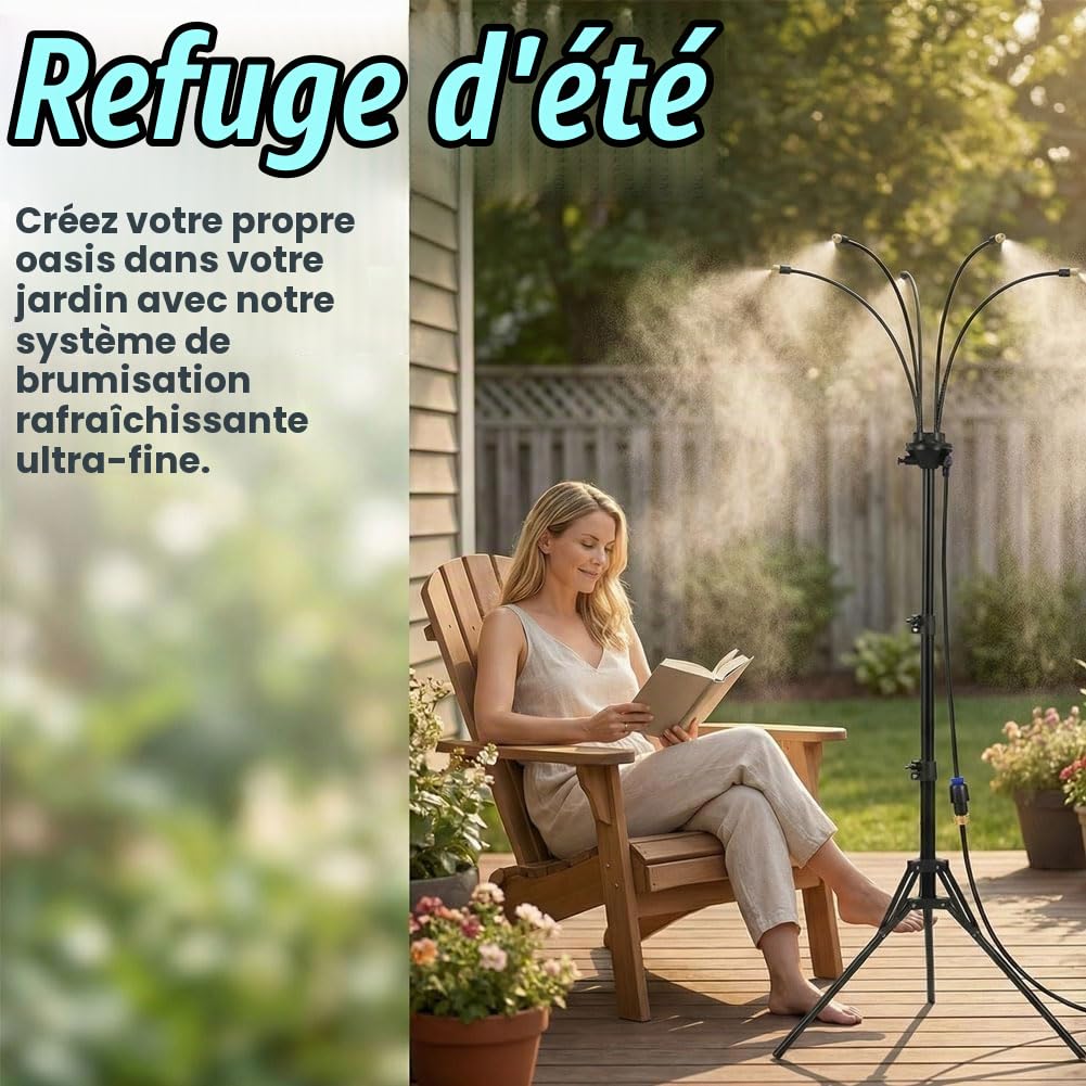 Générique Système de brumisation sur Pied réglable, 3,6 pi avec 2 hauteurs, Tuyau pour terrasse, Jardin, rafraîchissement Animaux – 4 Buses orientables, Portable (Noir)