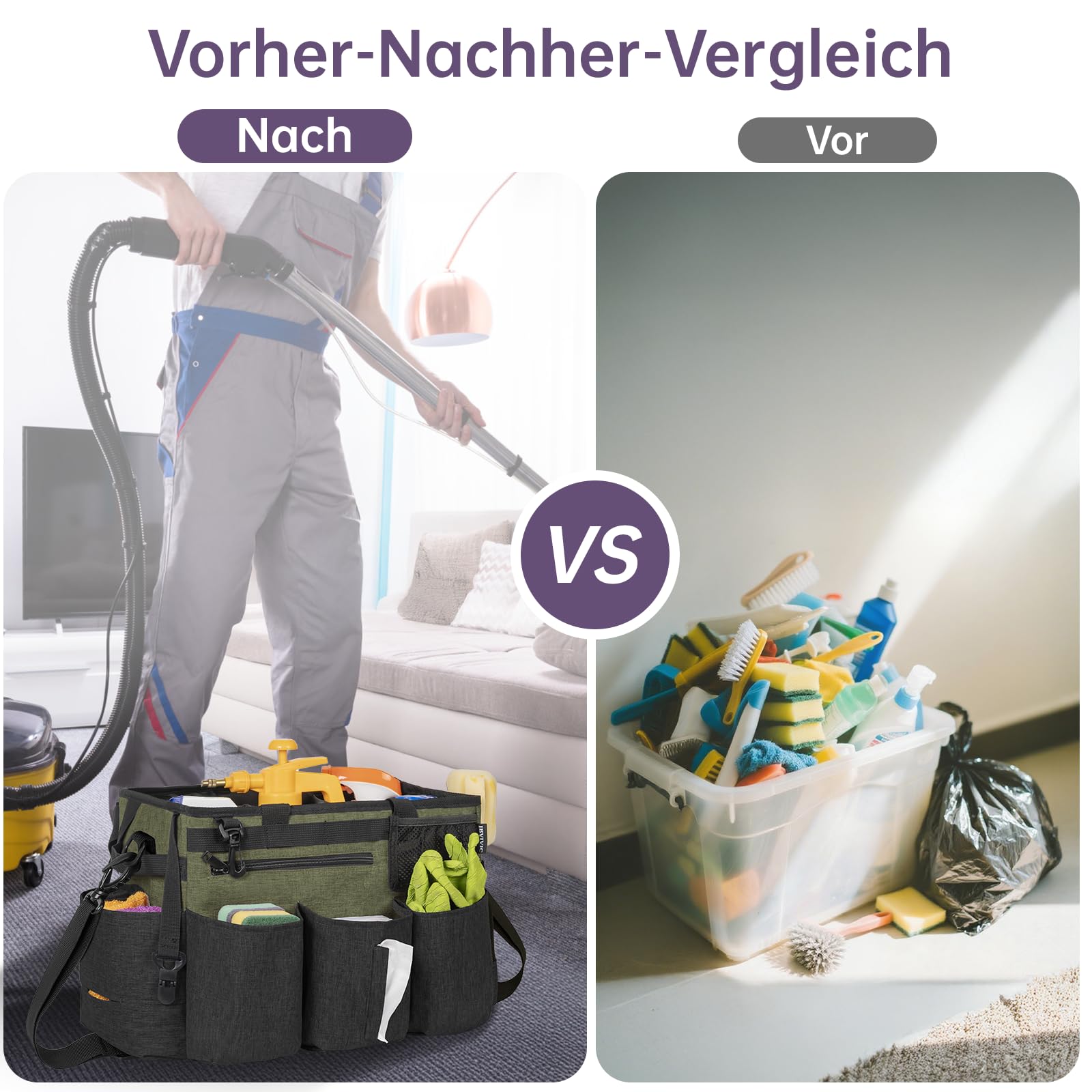 OUUTMEE Reinigungstasche 38 x 22 x 26 cm,Mit herausnehmbarem Fach Tote Reinigungstasche，Tragbarer Organizer für Reinigungsmittel Mit verstellbarem Schultergurt，Grün Groß