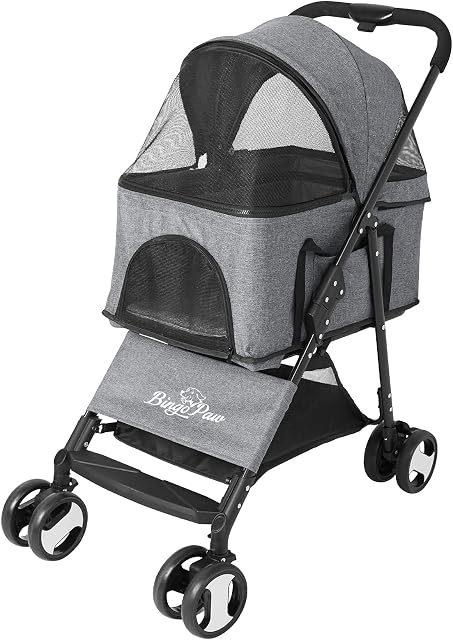 Bingopaw Pet Stroller, Foldable Dog Pram 4 Wheel Kitten Pram for Puppy and Cat with Detachable Blanket and Rain Cover as Gift Loads Up to 20KG